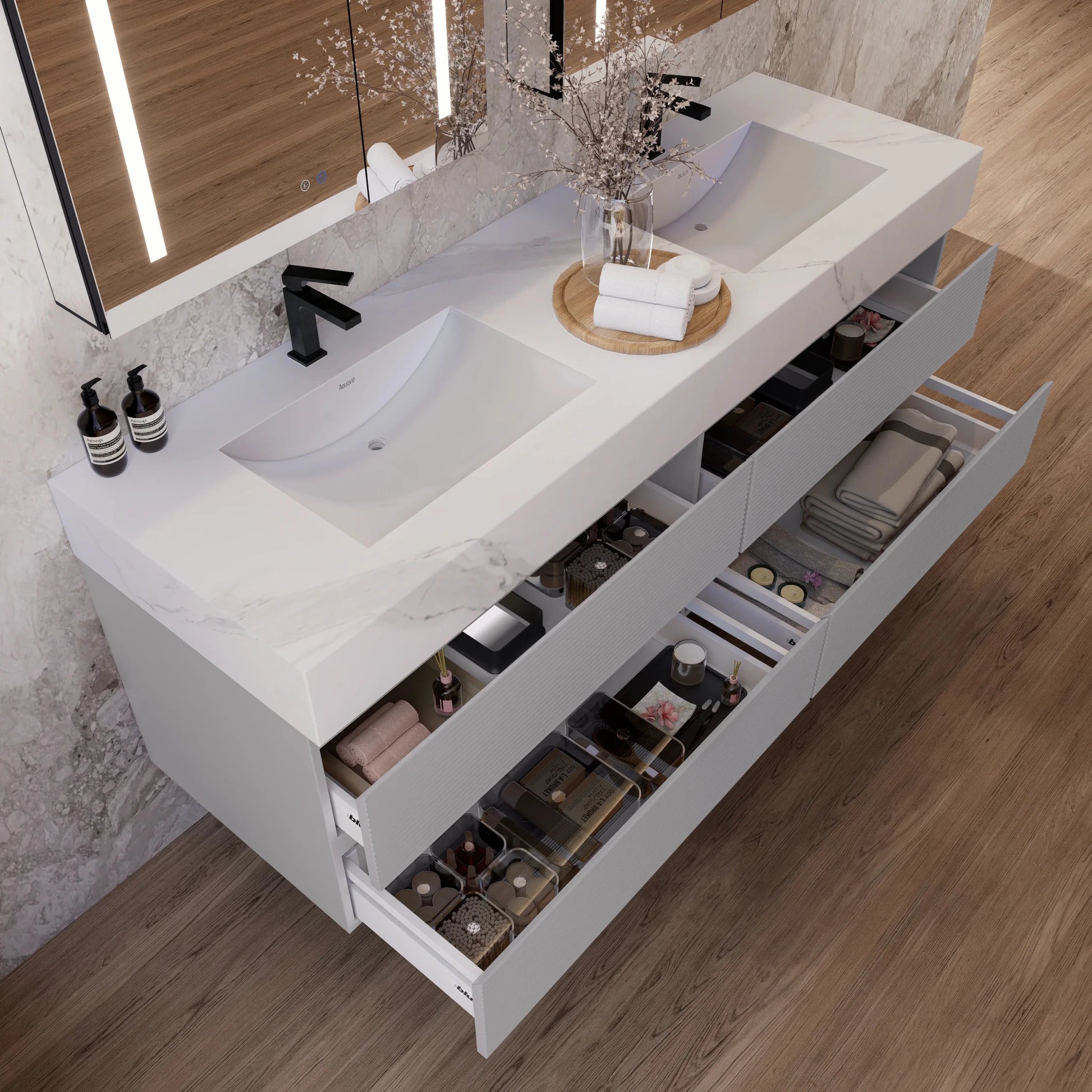 60" /71" Light Grey Floating Vanity with Seamless Stone Double Sink - VanityWhite Carrara