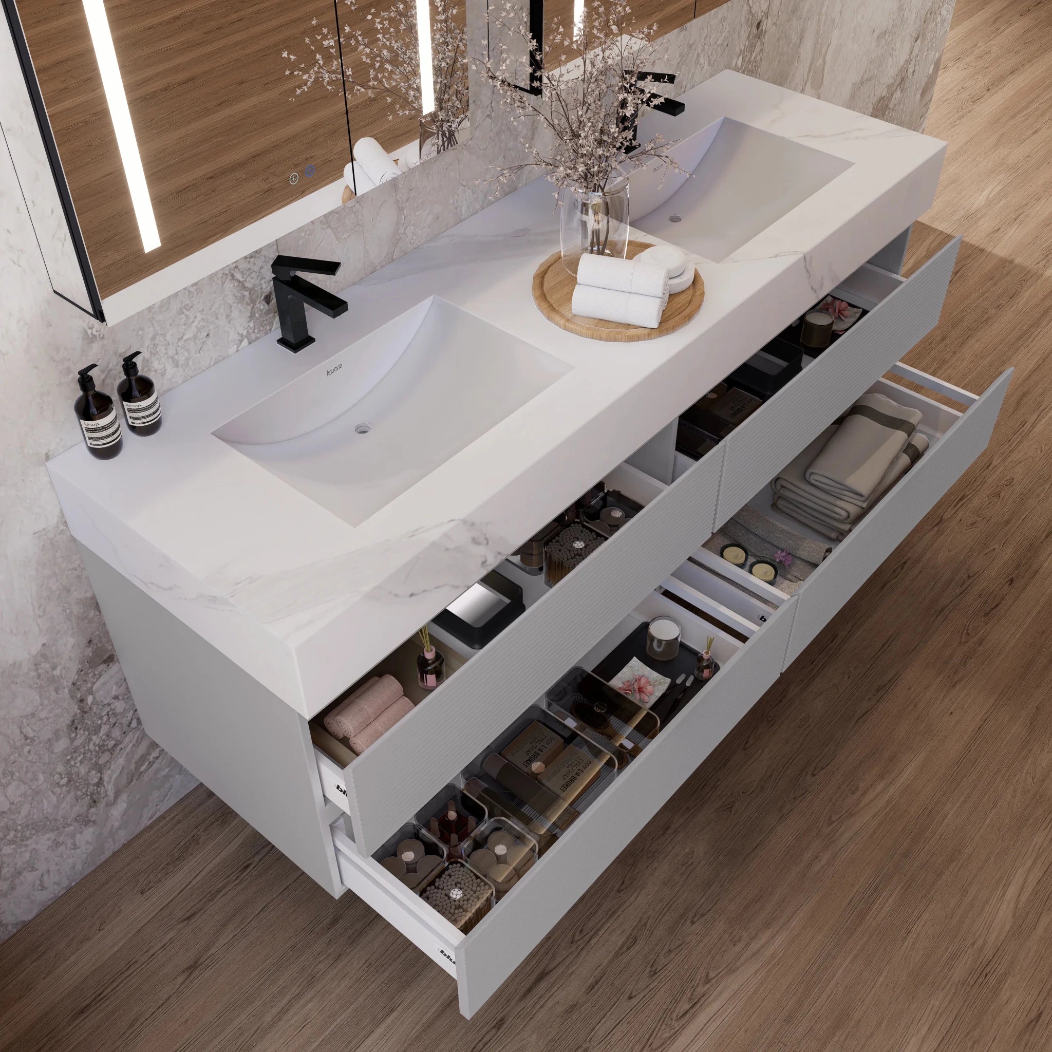 60" /71" Light Grey Floating Vanity with Seamless Stone Double Sink - VanityWhite Carrara