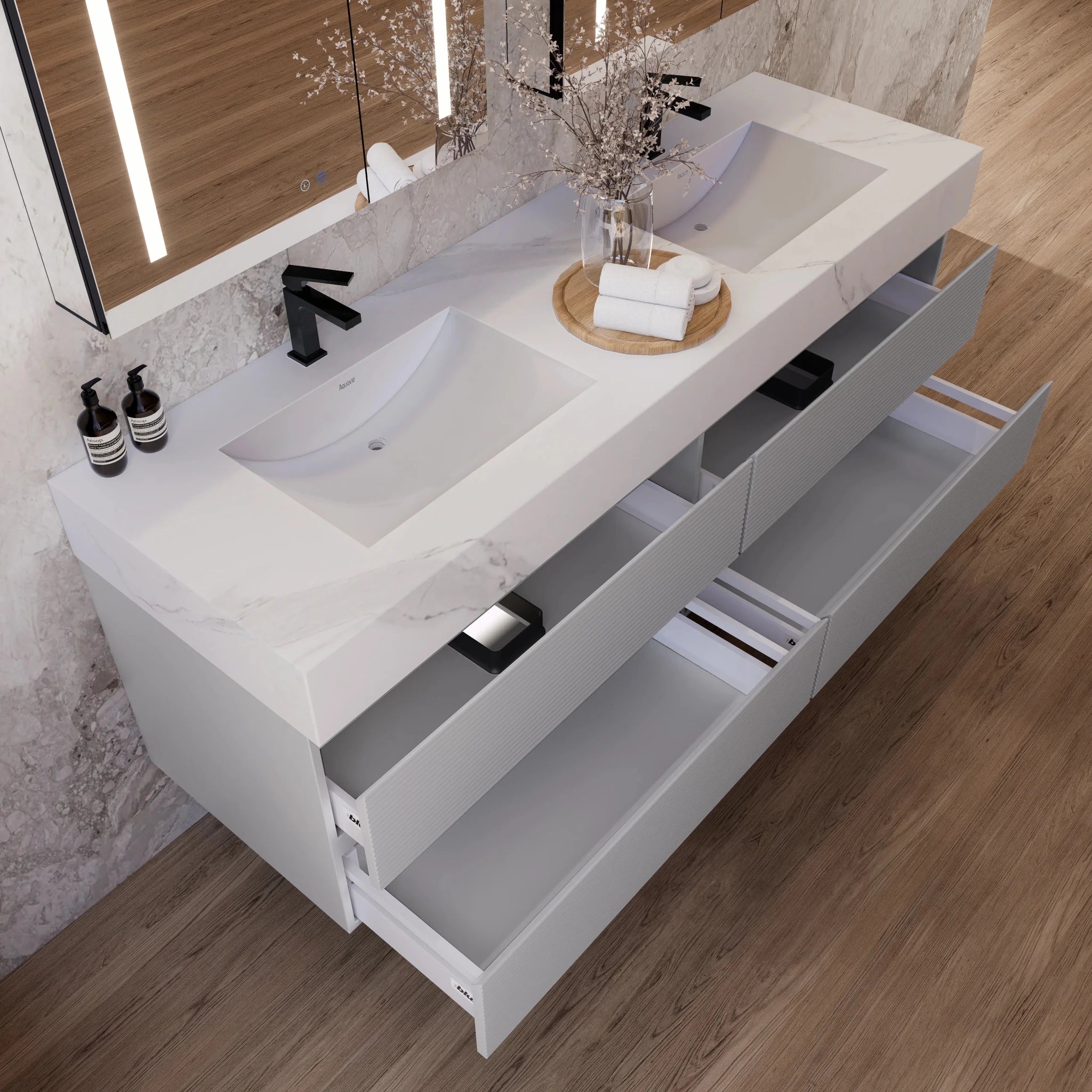 60" /71" Light Grey Floating Vanity with Seamless Stone Double Sink - VanityWhite Carrara