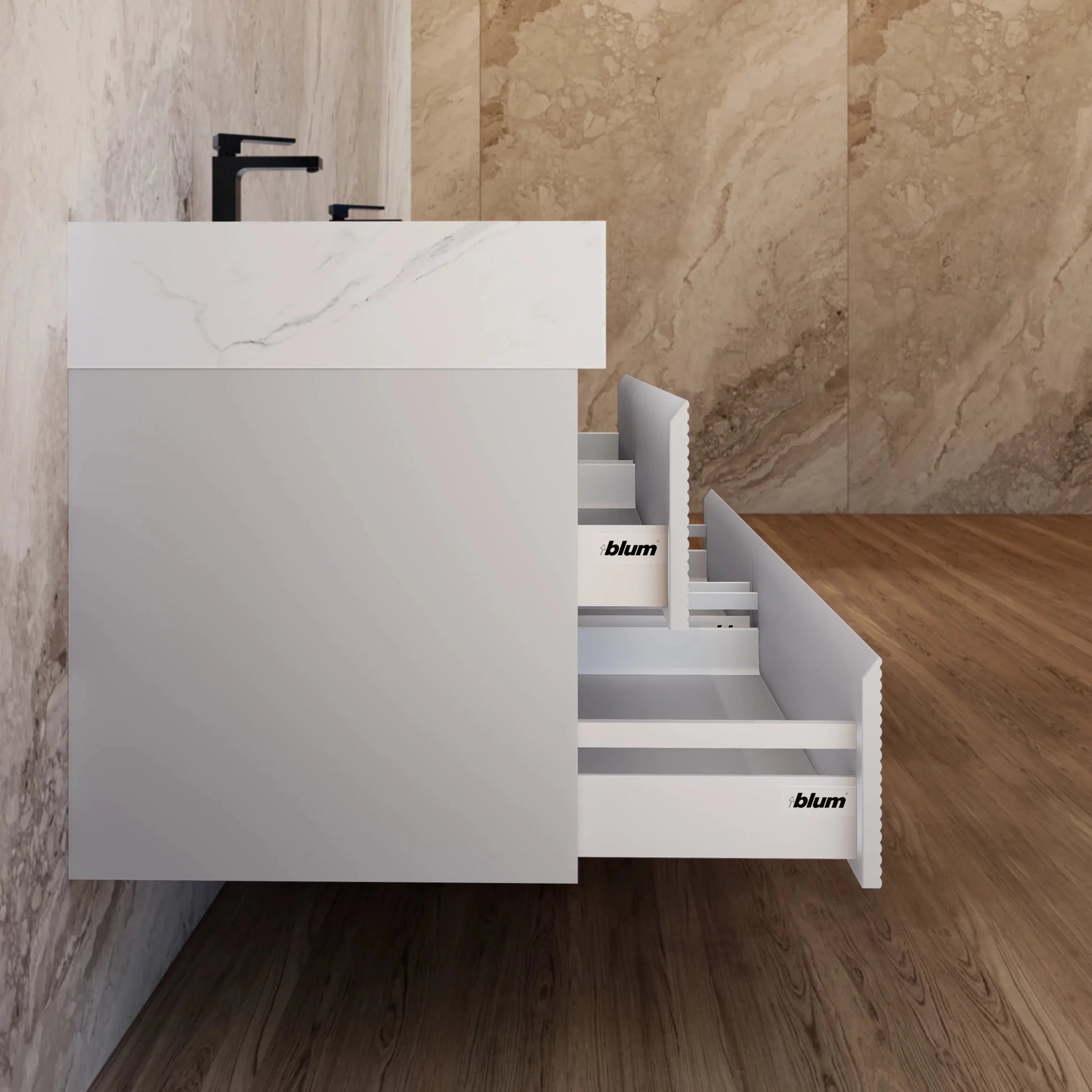 60" /71" Light Grey Floating Vanity with Seamless Stone Double Sink - VanityWhite Carrara