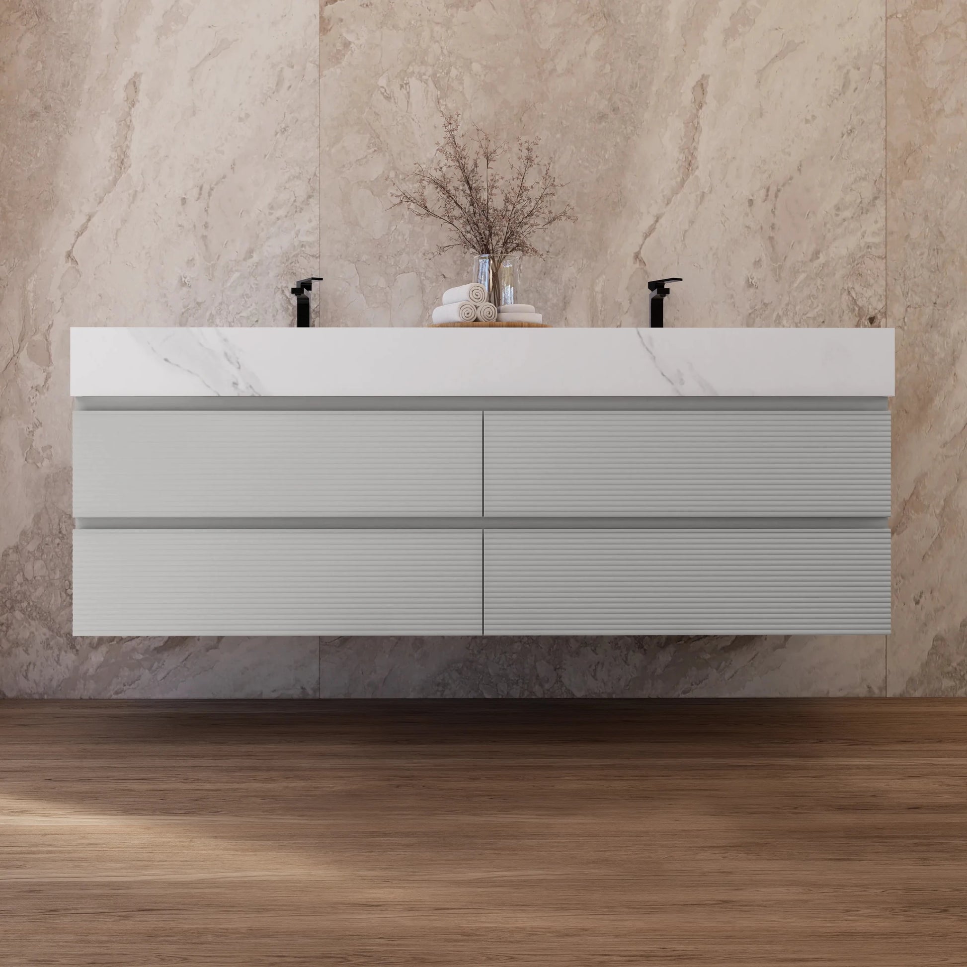 60" /71" Light Grey Floating Vanity with Seamless Stone Double Sink - VanityWhite Carrara