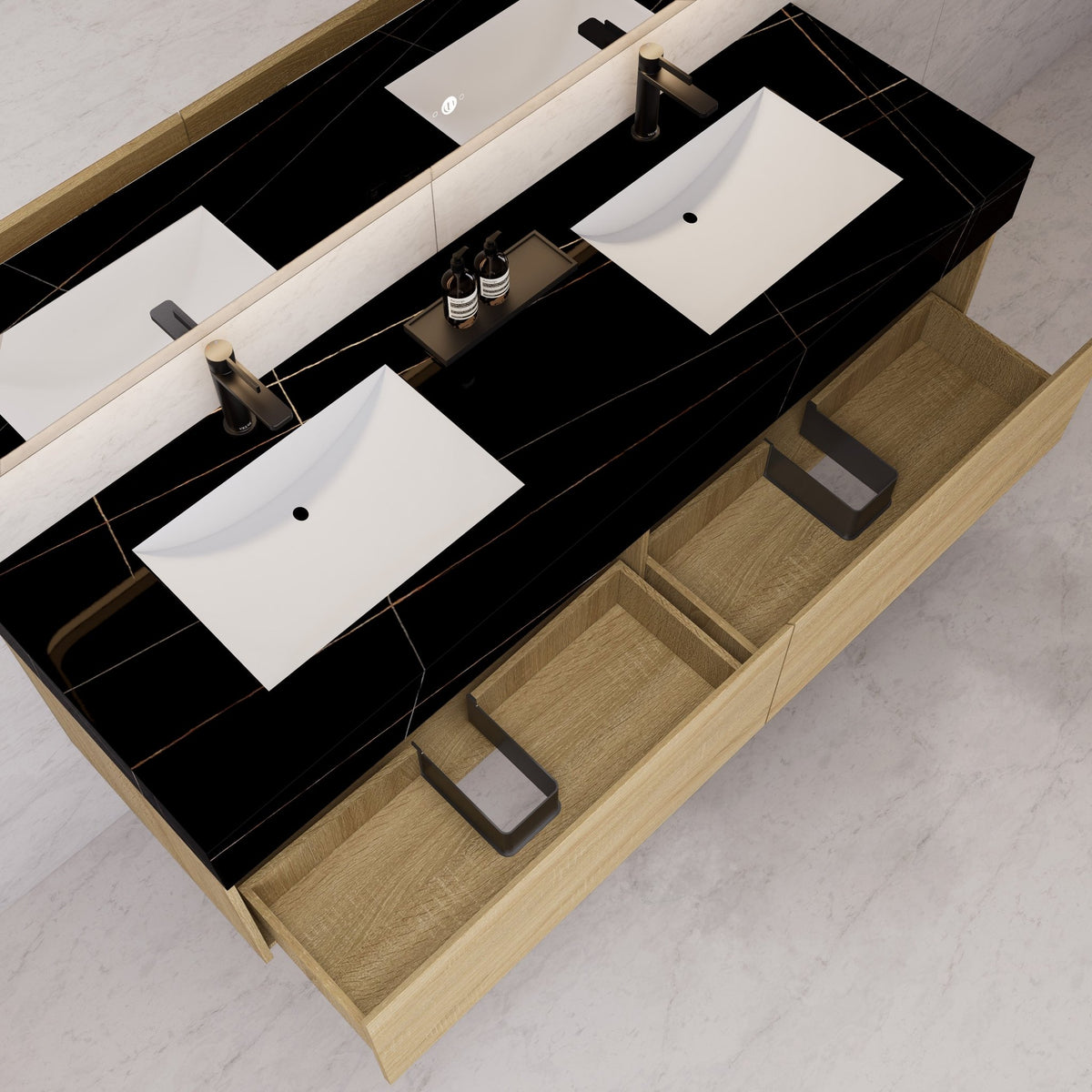 60"/ 71" Light Oak Double Sink Stone Top with Single Floating Bathroom Vanity -VanityLight Oak