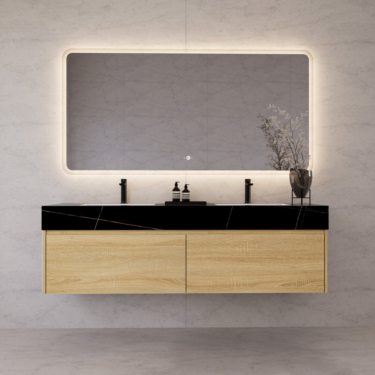 60"/ 71" Light Oak Double Sink Stone Top with Single Floating Bathroom Vanity -VanityLight Oak