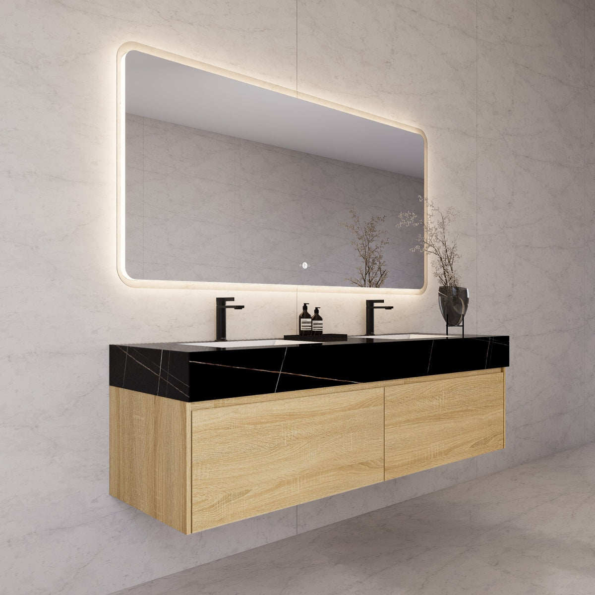 60"/ 71" Light Oak Double Sink Stone Top with Single Floating Bathroom Vanity -VanityLight Oak