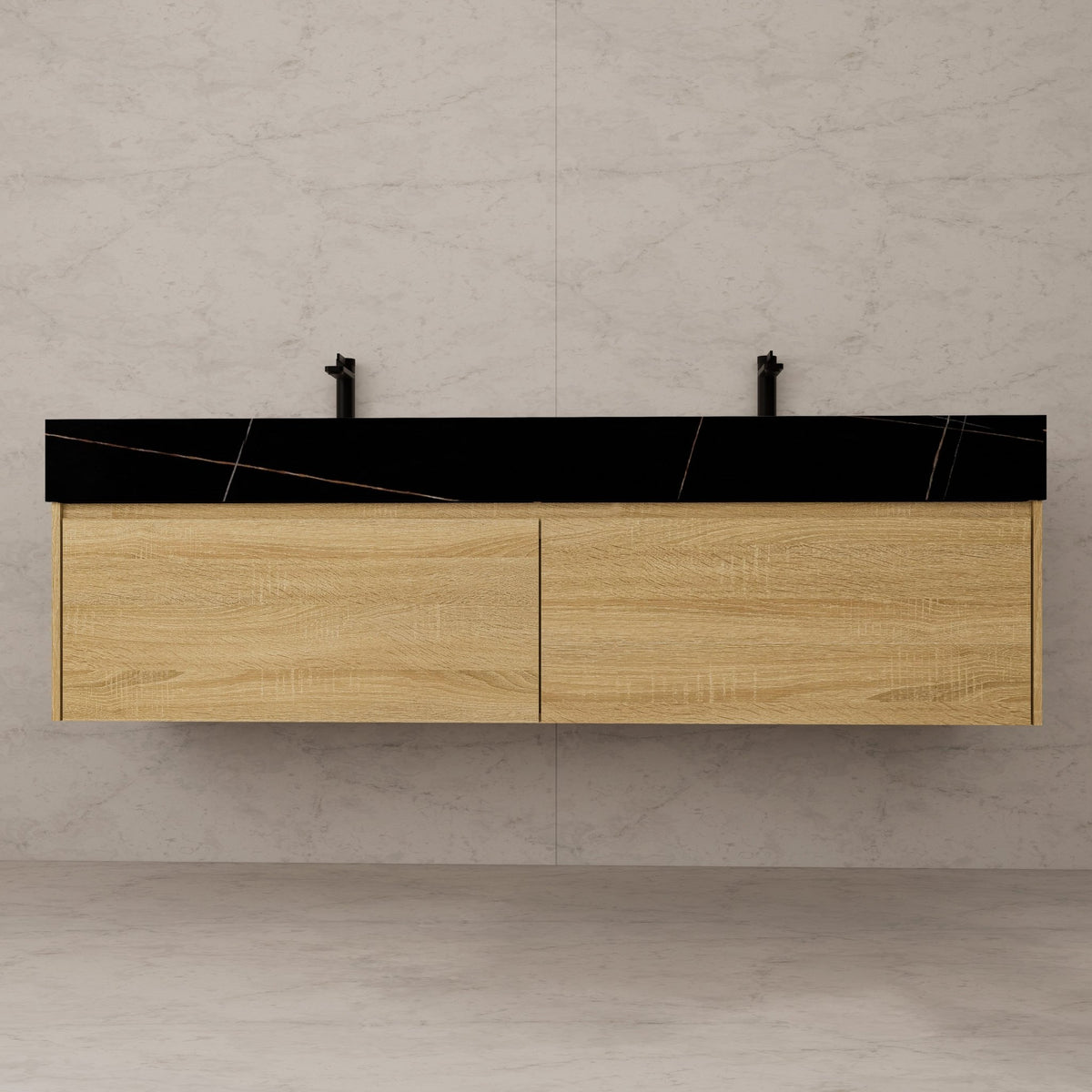 60"/ 71" Light Oak Double Sink Stone Top with Single Floating Bathroom Vanity -VanityLight Oak