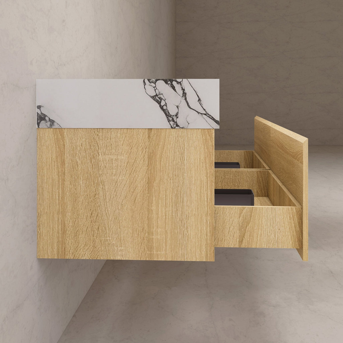 60"/ 71" Light Oak Double Sink Stone Top with Single Floating Bathroom Vanity -VanityLight Oak