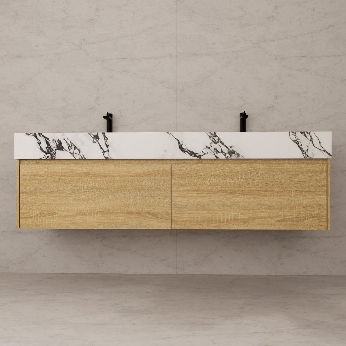 60"/ 71" Light Oak Double Sink Stone Top with Single Floating Bathroom Vanity -VanityLight Oak