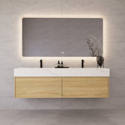 60"/ 71" Light Oak Double Sink Stone Top with Single Floating Bathroom Vanity -VanityLight Oak