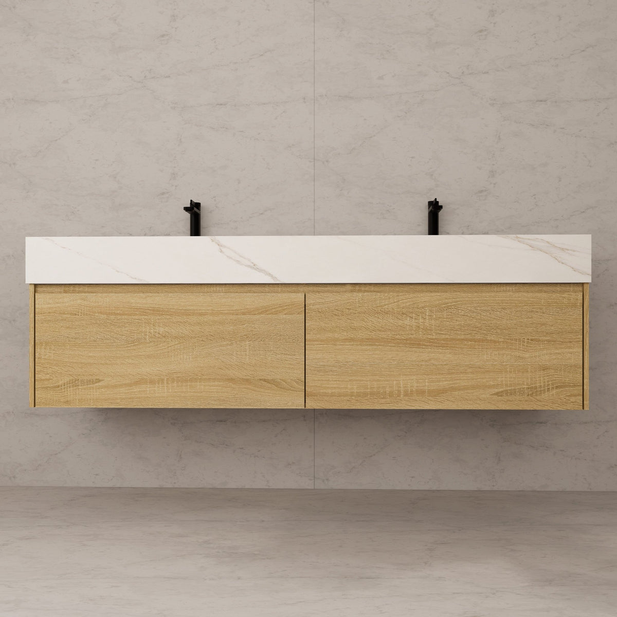 60"/ 71" Light Oak Double Sink Stone Top with Single Floating Bathroom Vanity -VanityLight Oak