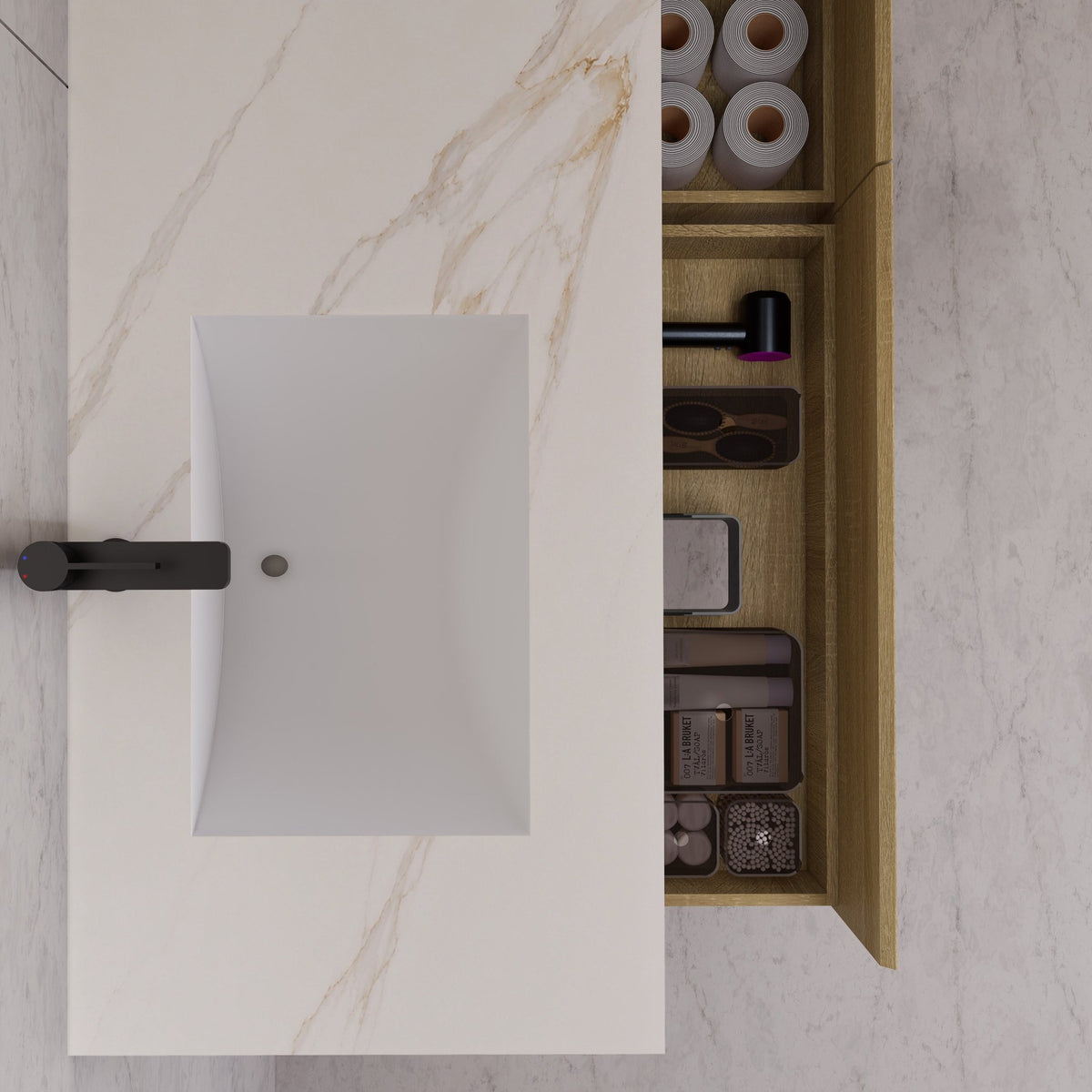 60"/ 71" Light Oak Double Sink Stone Top with Single Floating Bathroom Vanity -VanityLight Oak
