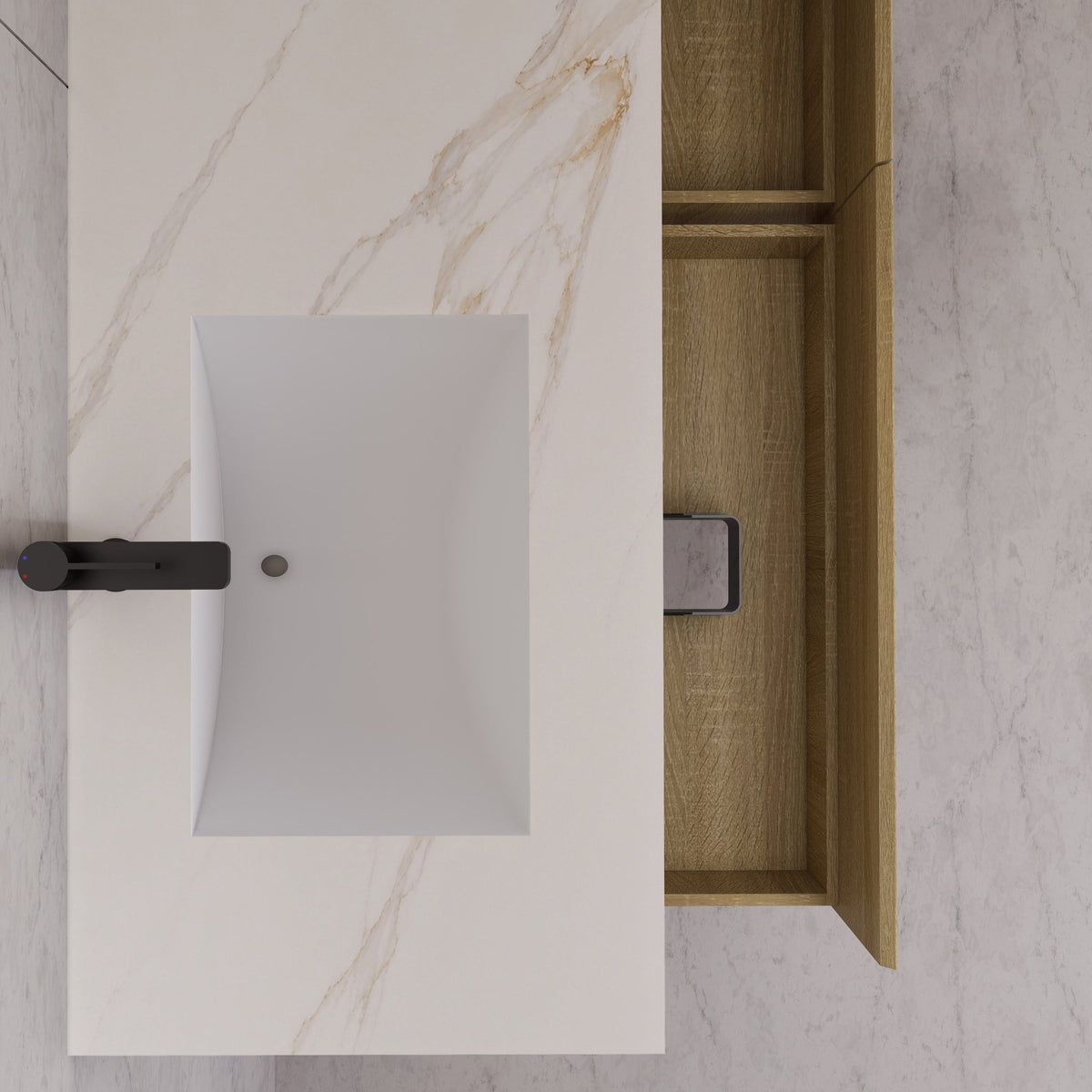 60"/ 71" Light Oak Double Sink Stone Top with Single Floating Bathroom Vanity -VanityLight Oak