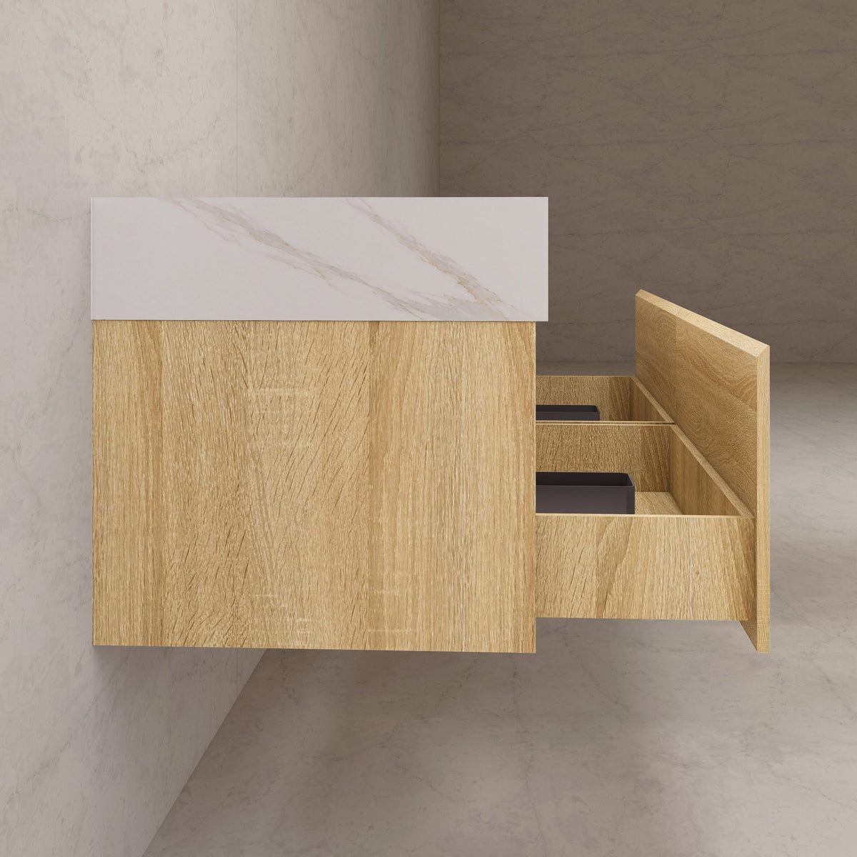 60"/ 71" Light Oak Double Sink Stone Top with Single Floating Bathroom Vanity -VanityLight Oak