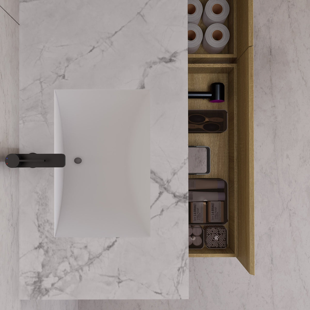 60"/ 71" Light Oak Double Sink Stone Top with Single Floating Bathroom Vanity -VanityLight Oak