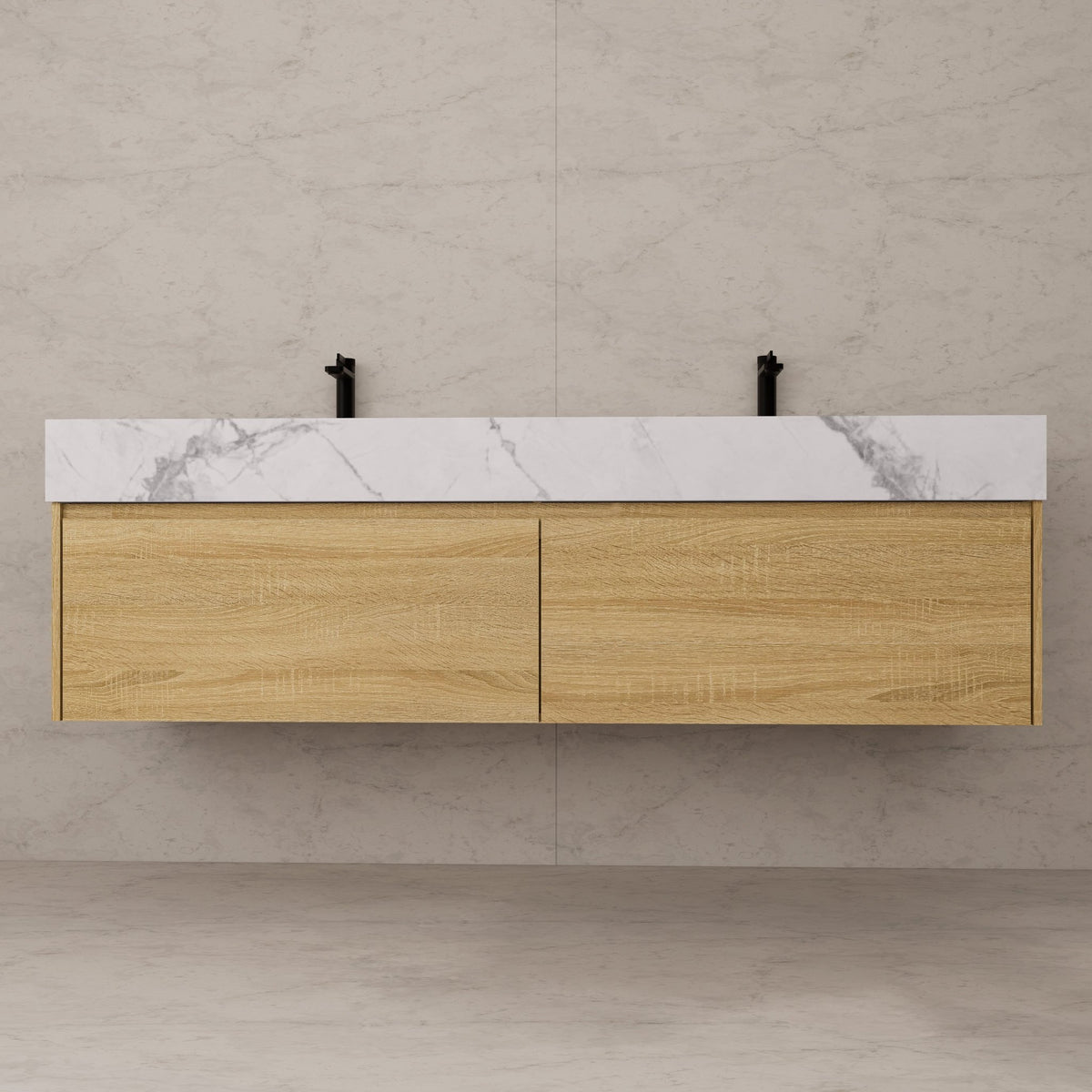 60"/ 71" Light Oak Double Sink Stone Top with Single Floating Bathroom Vanity -VanityLight Oak