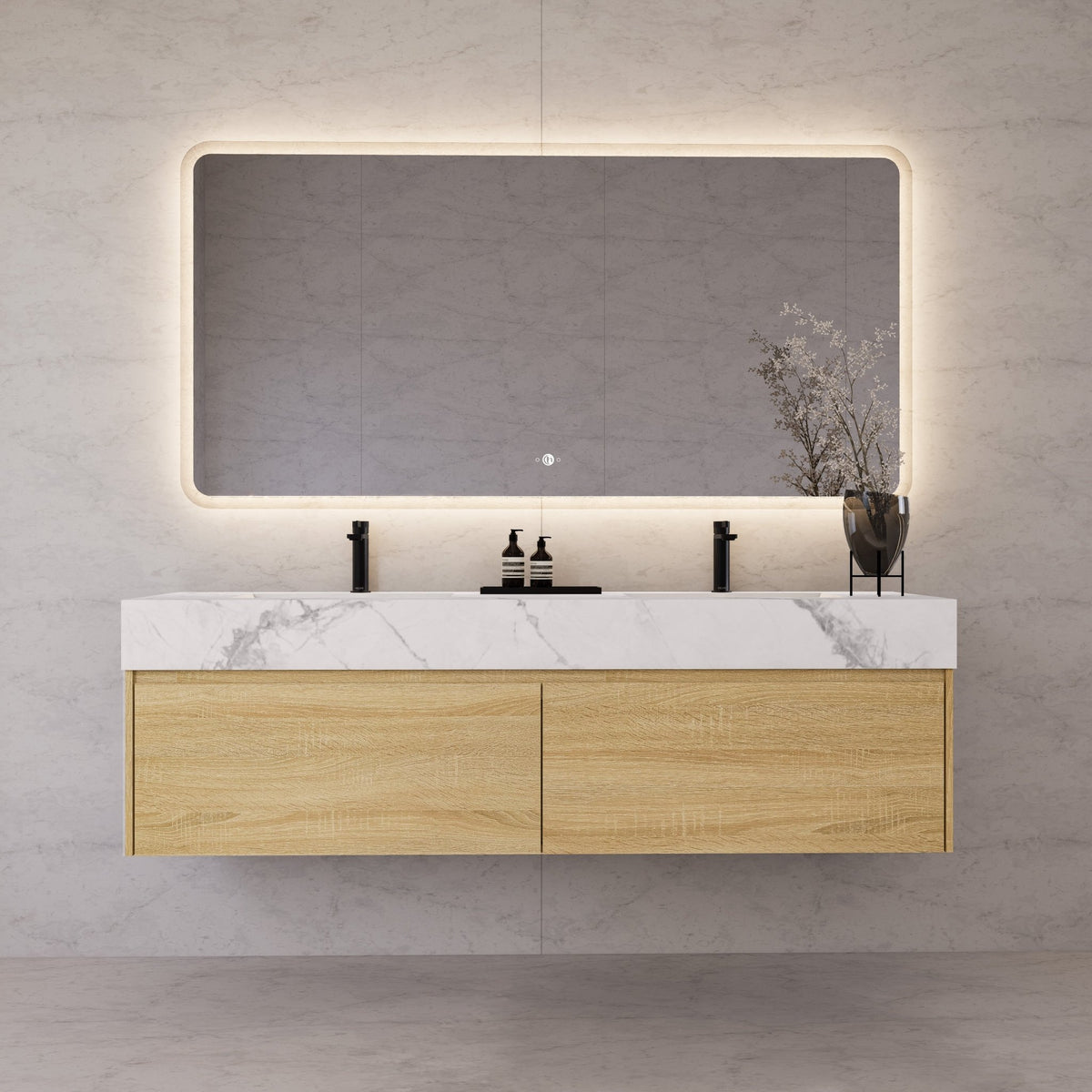 60"/ 71" Light Oak Double Sink Stone Top with Single Floating Bathroom Vanity -VanityLight Oak
