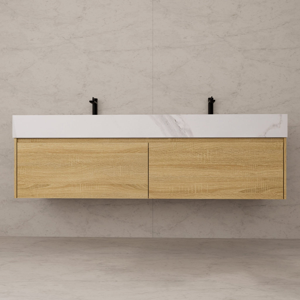60"/ 71" Light Oak Double Sink Stone Top with Single Floating Bathroom Vanity -VanityLight Oak