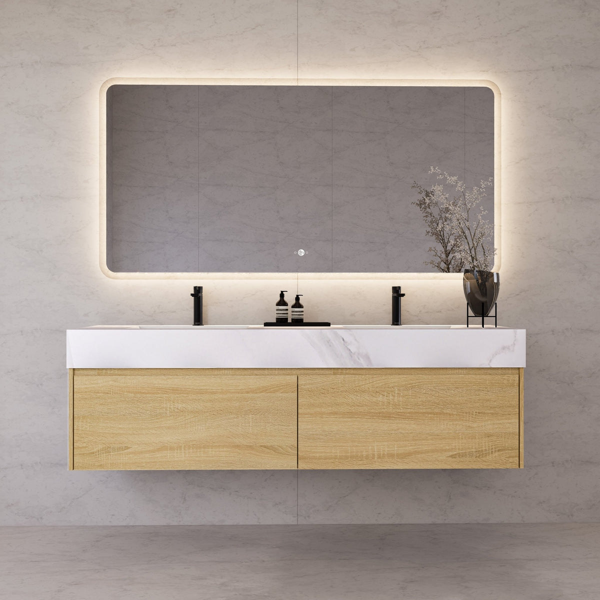 60"/ 71" Light Oak Double Sink Stone Top with Single Floating Bathroom Vanity -VanityLight Oak