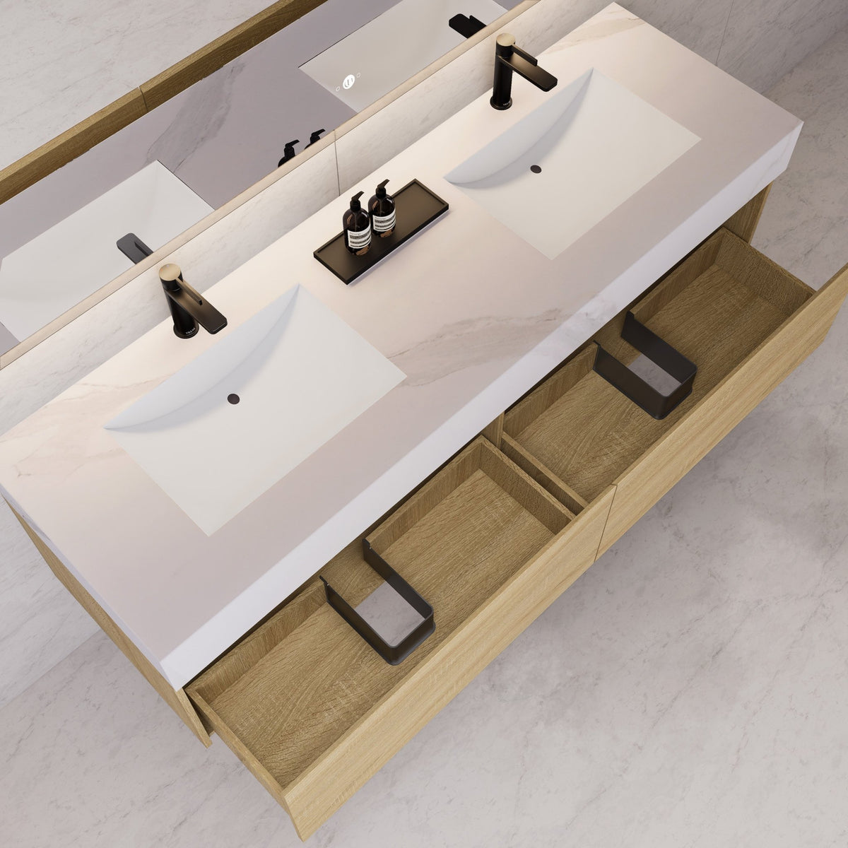 60"/ 71" Light Oak Double Sink Stone Top with Single Floating Bathroom Vanity -VanityLight Oak