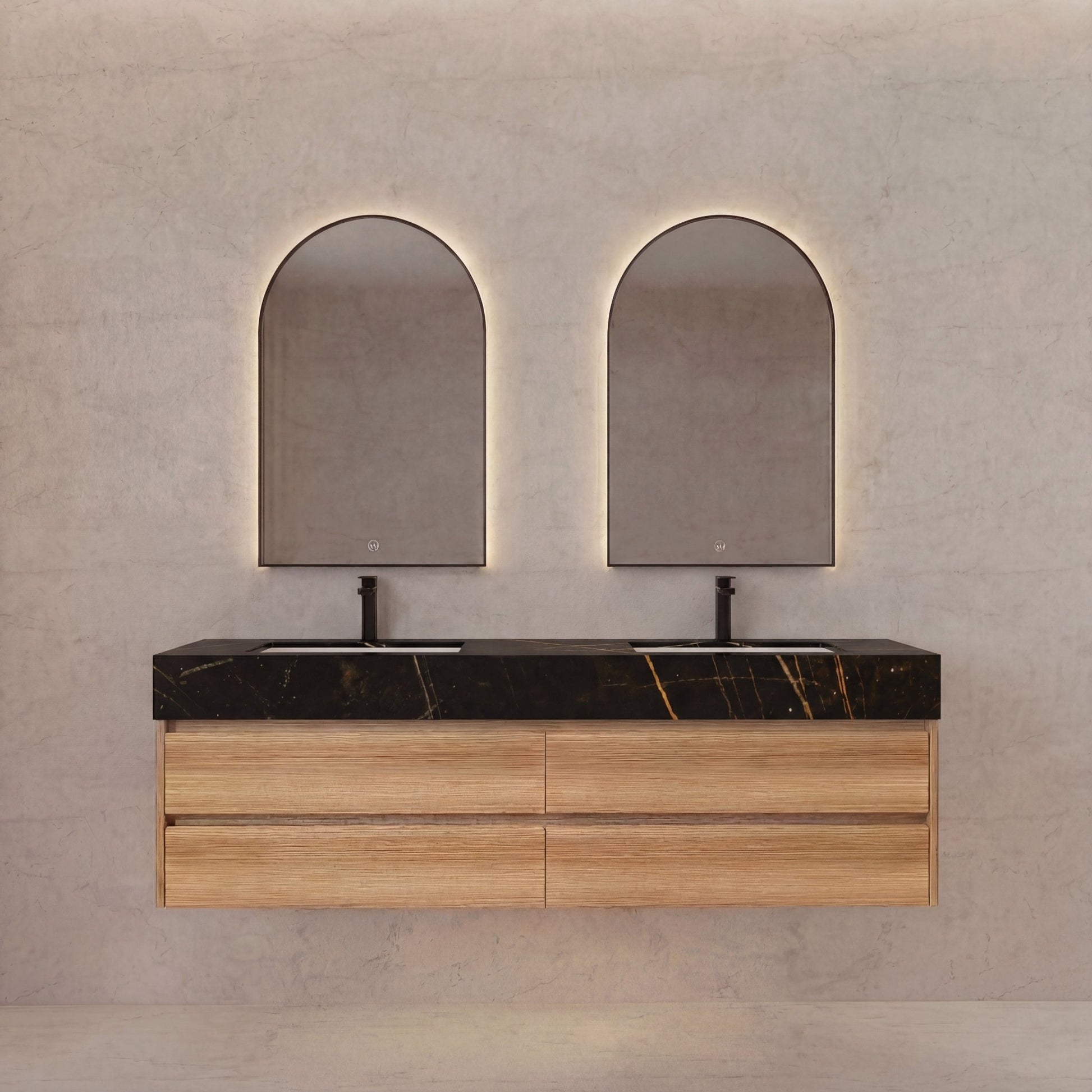 60"/ 71" Nature Oak Double Sink Stone Top 4 Drawers Floating Bathroom Vanity - VanityNature Oak