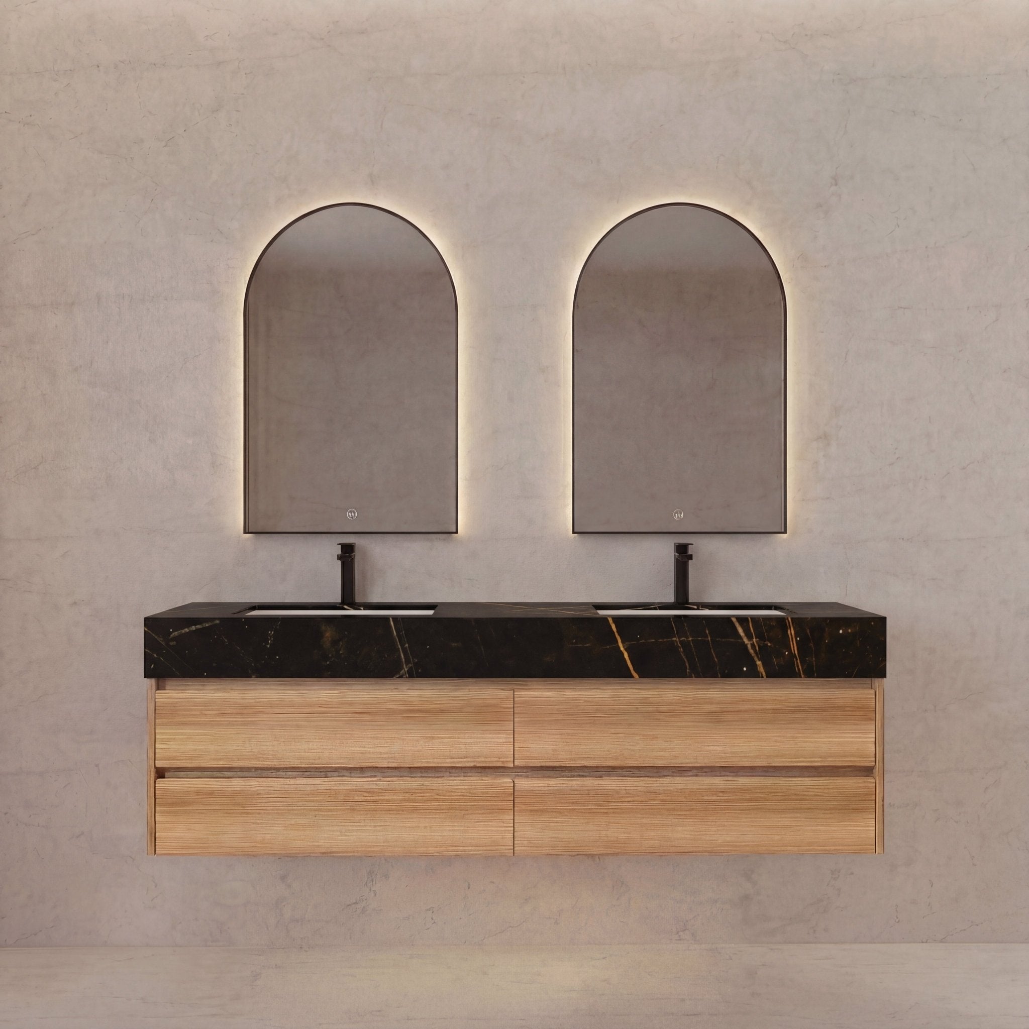 60"/ 71" Nature Oak Double Sink Stone Top 4 Drawers Floating Bathroom Vanity - VanityNature Oak