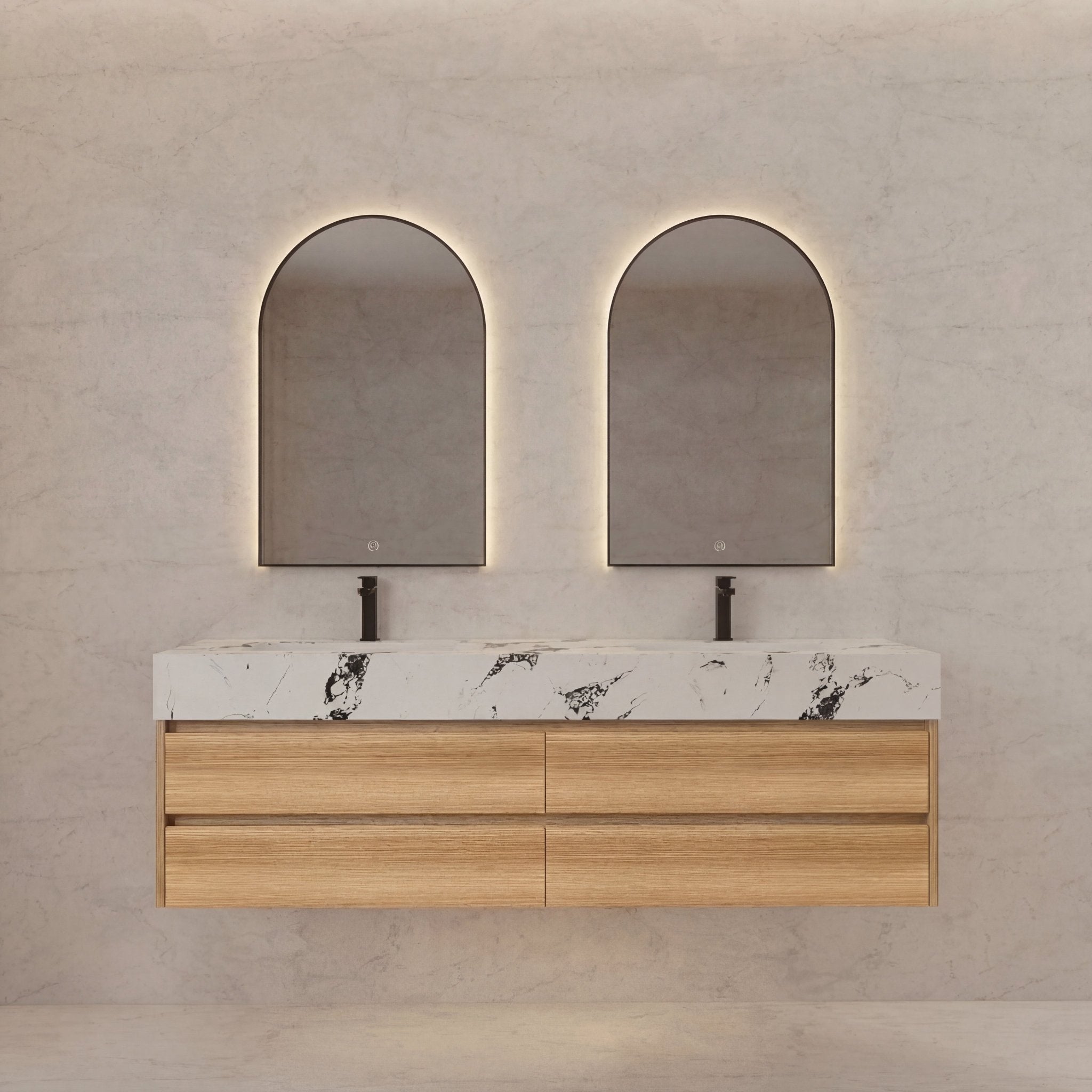 60"/ 71" Nature Oak Double Sink Stone Top 4 Drawers Floating Bathroom Vanity - VanityNature Oak