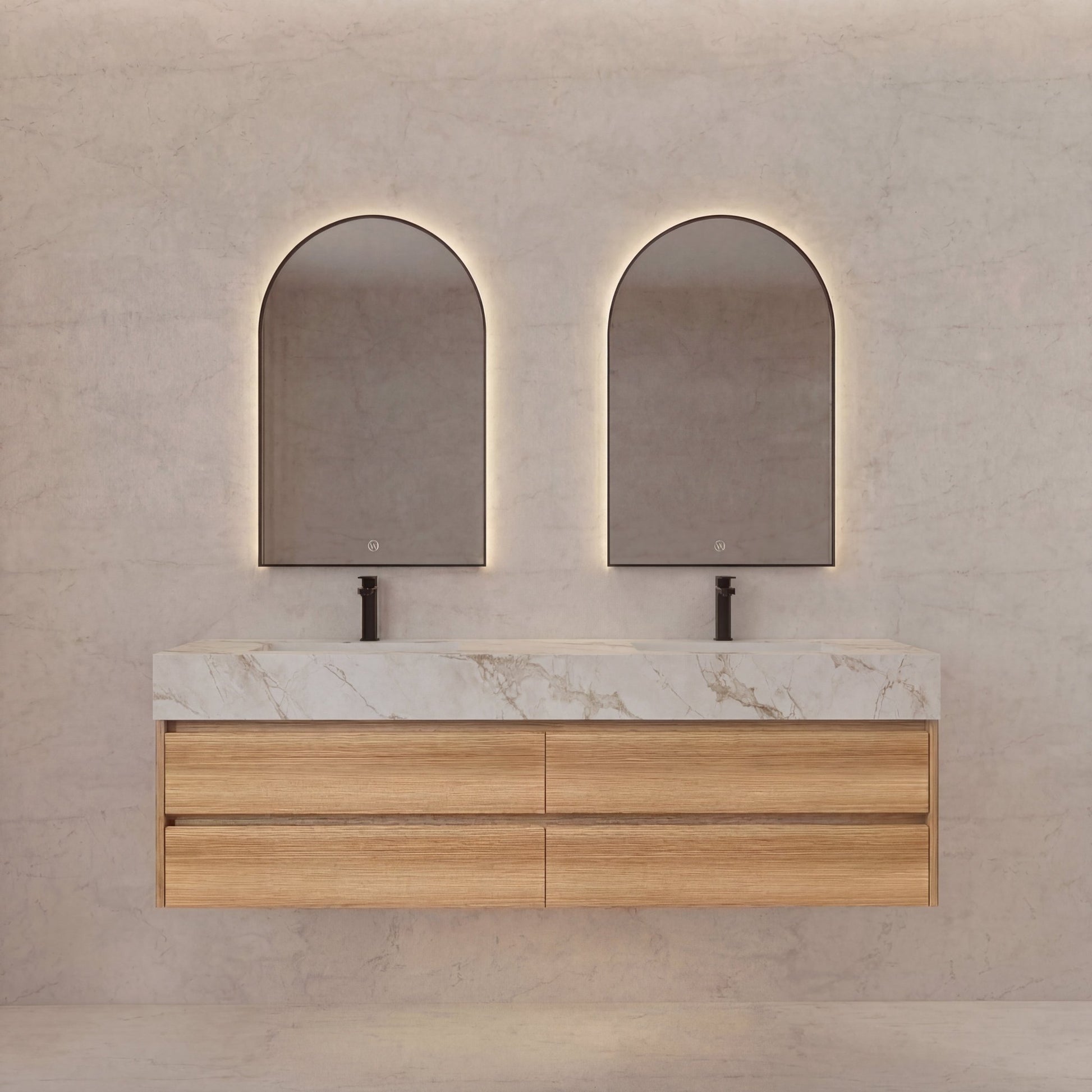 60"/ 71" Nature Oak Double Sink Stone Top 4 Drawers Floating Bathroom Vanity - VanityNature Oak