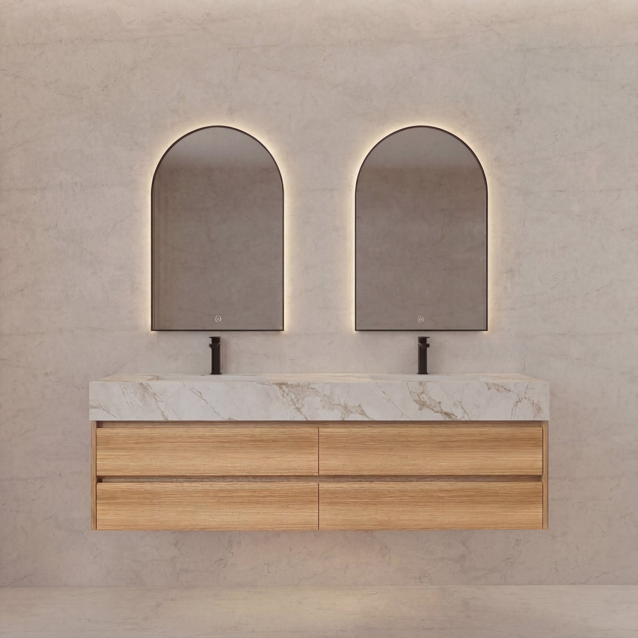 60"/ 71" Nature Oak Double Sink Stone Top 4 Drawers Floating Bathroom Vanity - VanityNature Oak