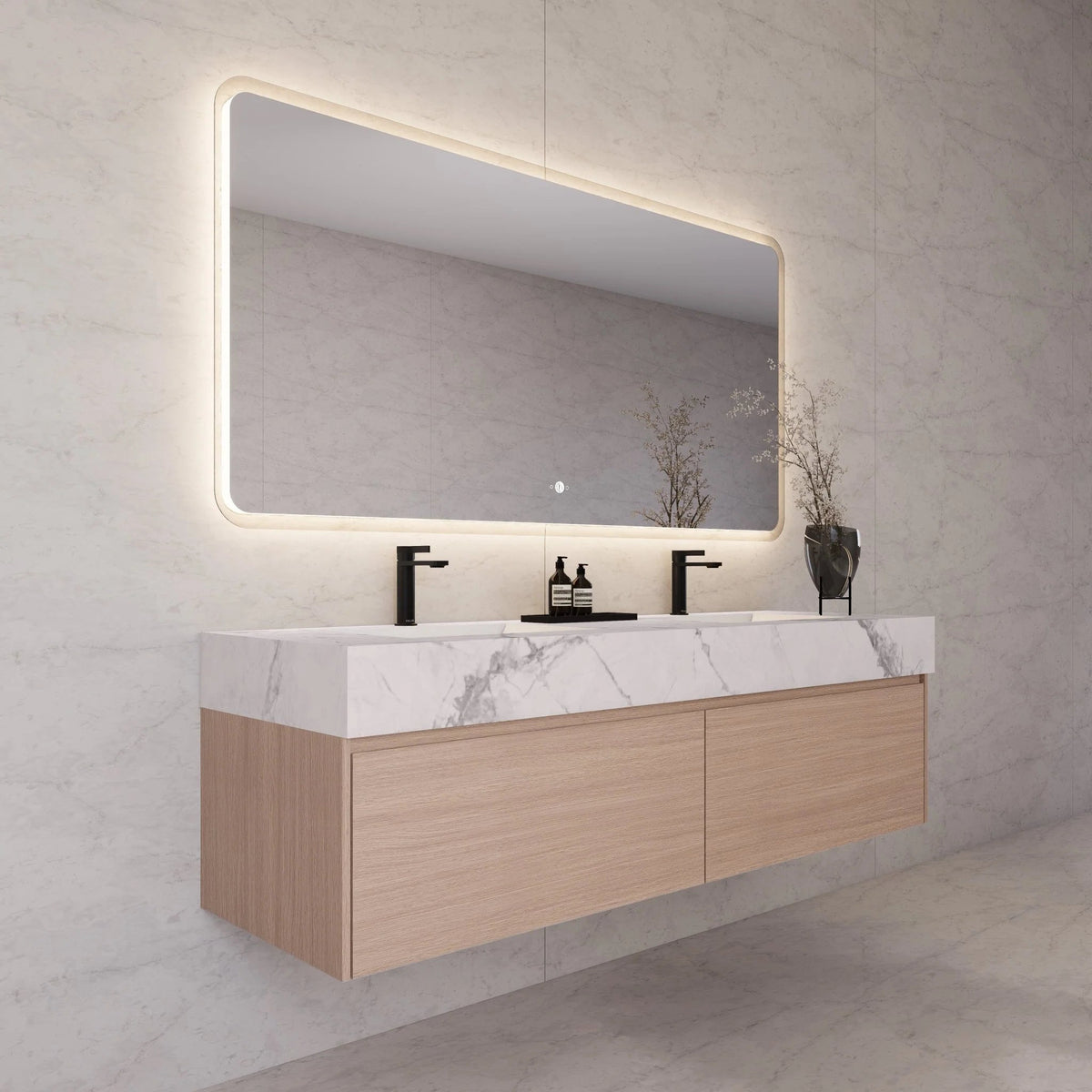 60"/ 71" Nature Oak Double Sink Stone Top with Single Floating Bathroom Vanity -VanityNature Oak