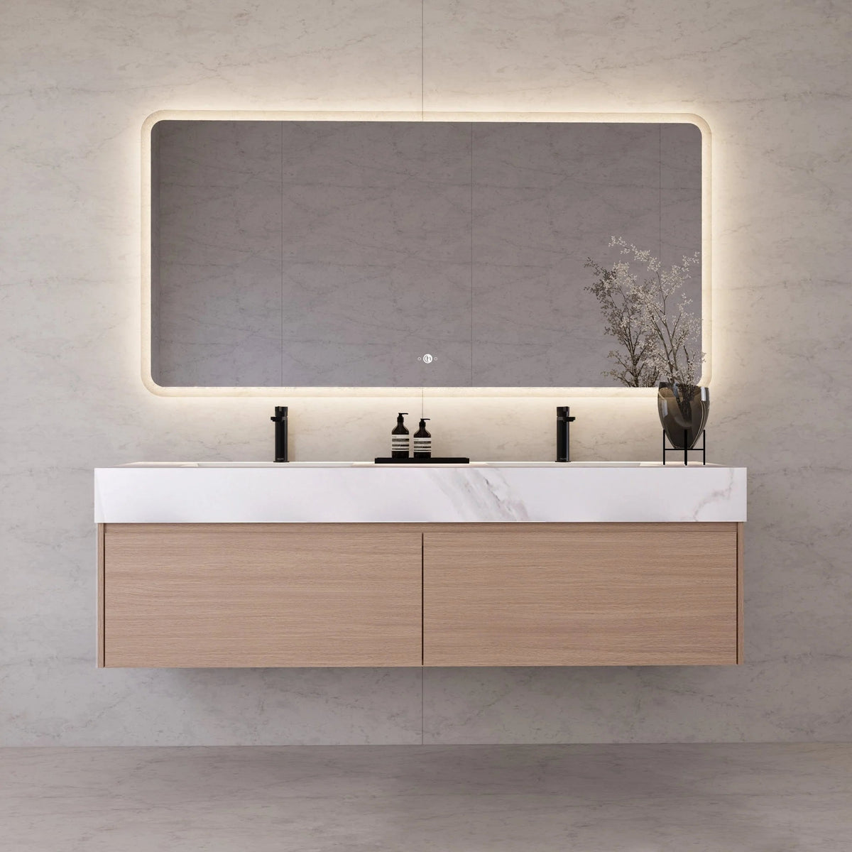 60"/ 71" Nature Oak Double Sink Stone Top with Single Floating Bathroom Vanity -VanityNature Oak