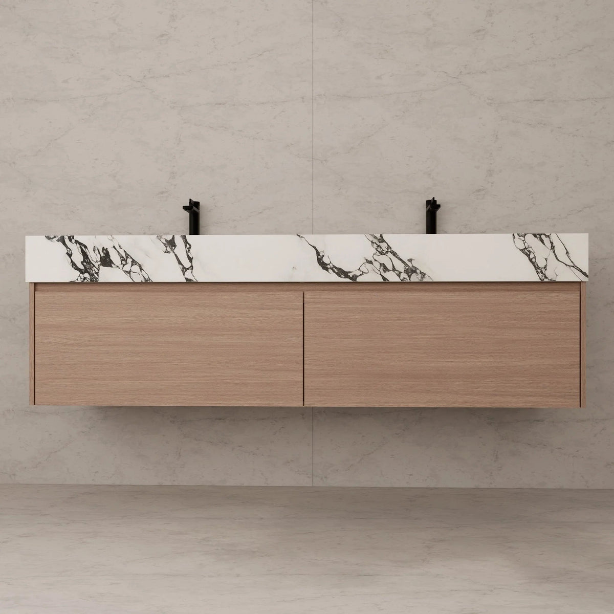 60"/ 71" Nature Oak Double Sink Stone Top with Single Floating Bathroom Vanity -VanityNature Oak