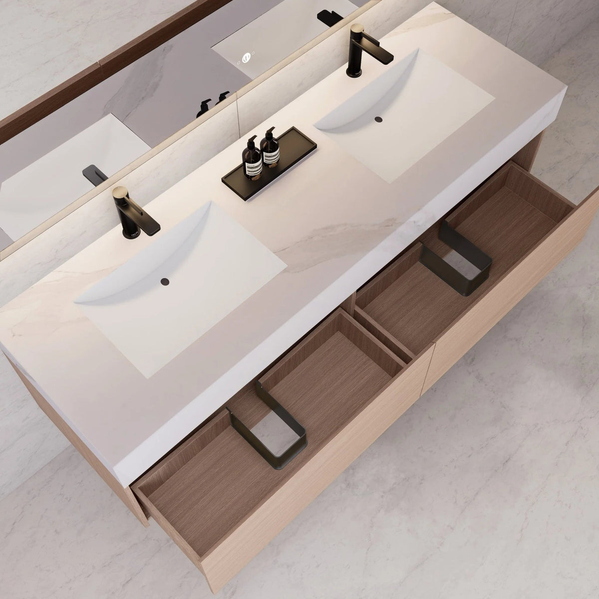 60"/ 71" Nature Oak Double Sink Stone Top with Single Floating Bathroom Vanity -VanityNature Oak