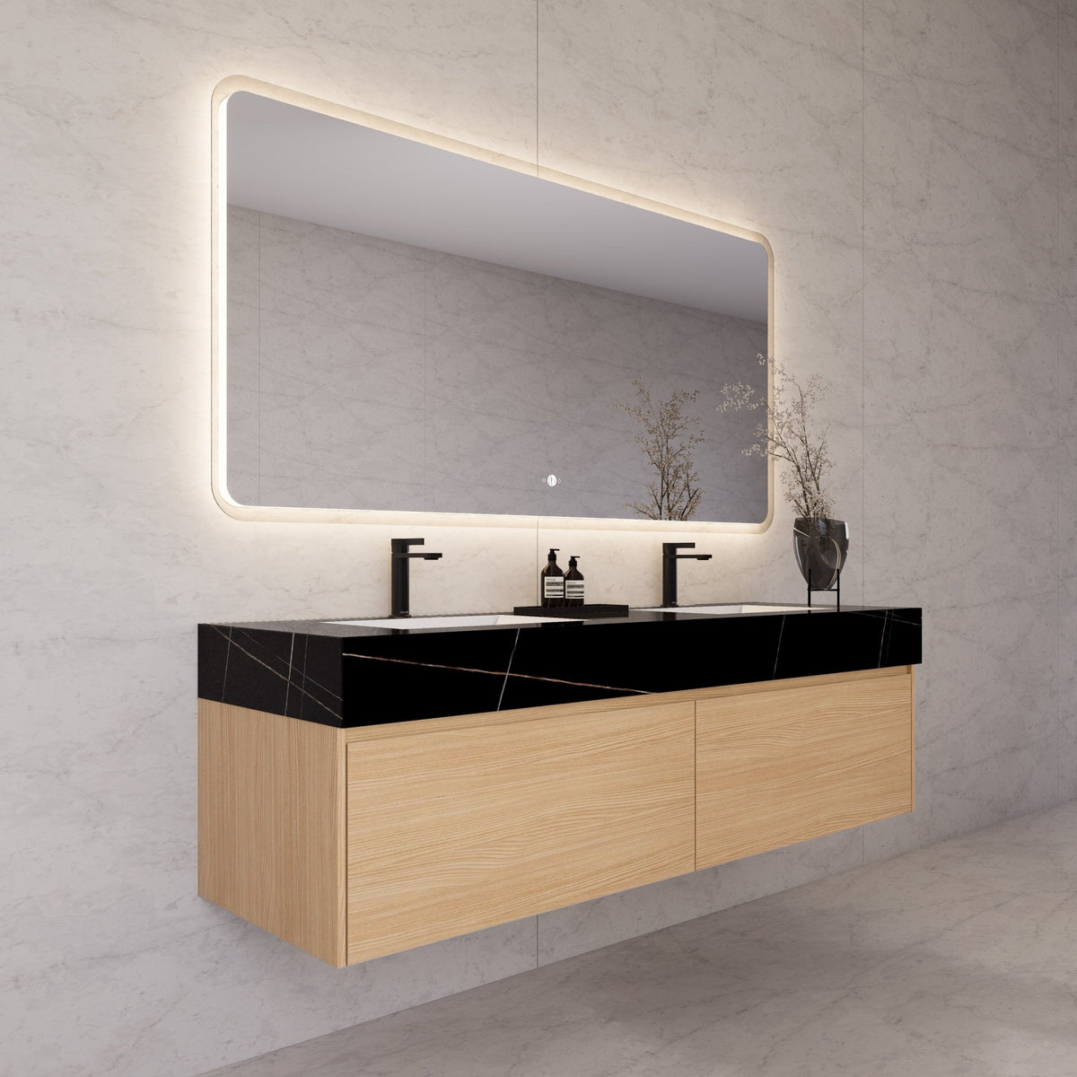 60"/ 71" Nature Oak Double Sink Stone Top with Single Floating Bathroom Vanity -VanityNature Oak