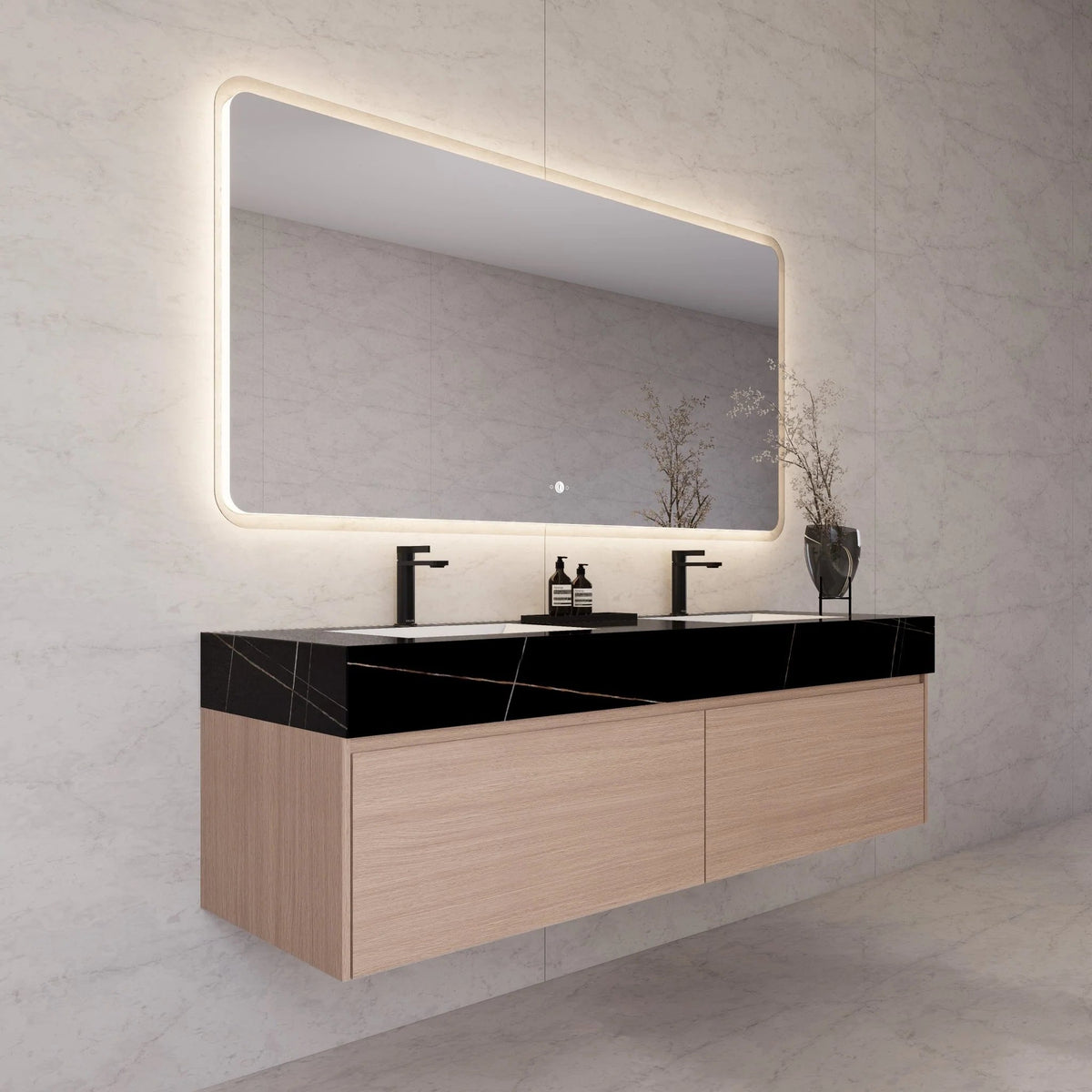 60"/ 71" Nature Oak Double Sink Stone Top with Single Floating Bathroom Vanity -VanityNature Oak