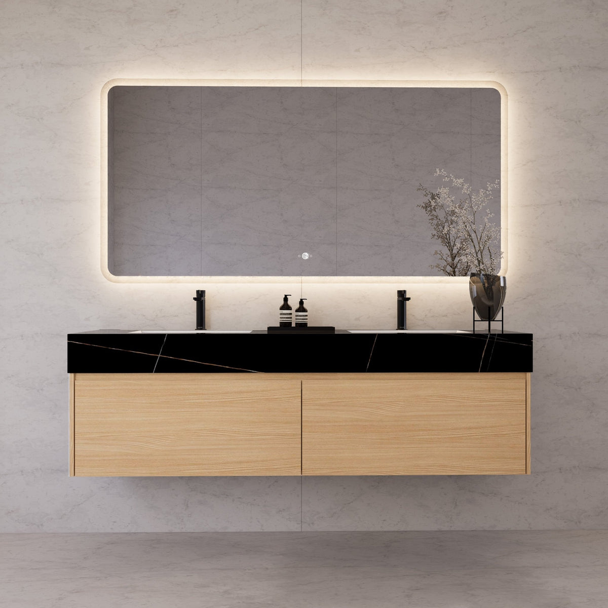 60"/ 71" Nature Oak Double Sink Stone Top with Single Floating Bathroom Vanity -VanityNature Oak