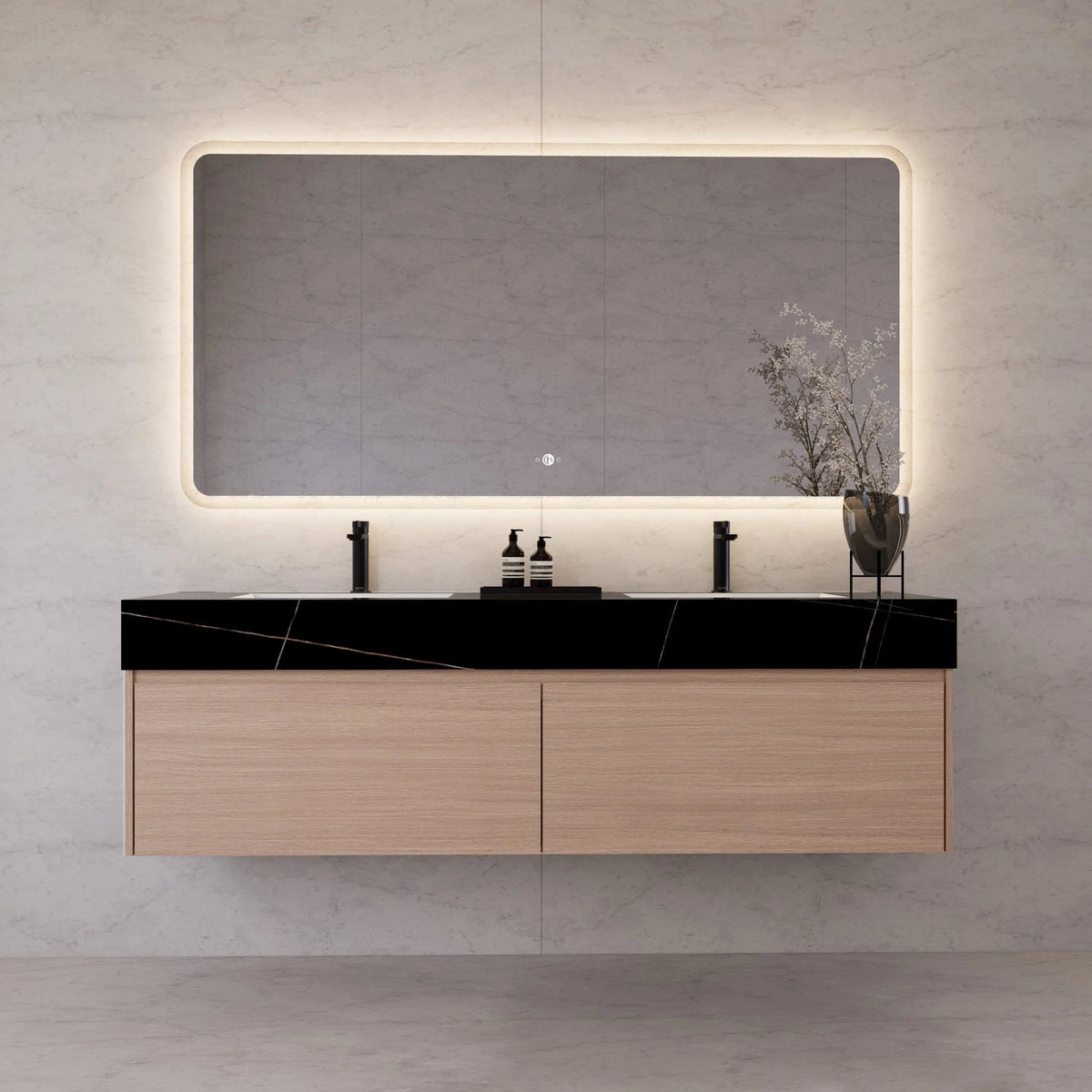 60"/ 71" Nature Oak Double Sink Stone Top with Single Floating Bathroom Vanity -VanityNature Oak