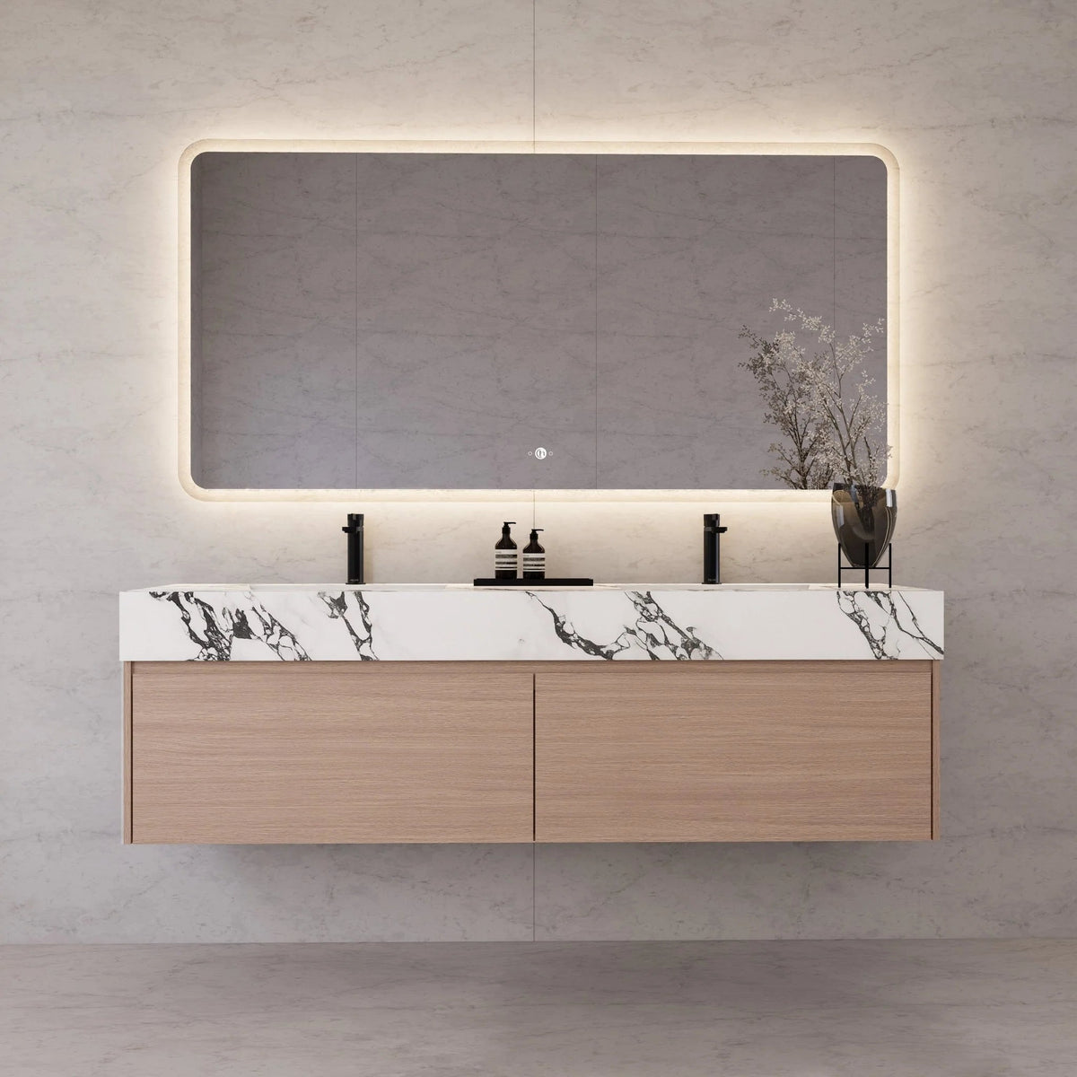 60"/ 71" Nature Oak Double Sink Stone Top with Single Floating Bathroom Vanity -VanityNature Oak