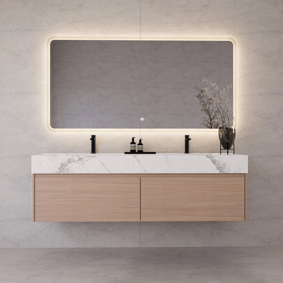 60"/ 71" Nature Oak Double Sink Stone Top with Single Floating Bathroom Vanity -VanityNature Oak