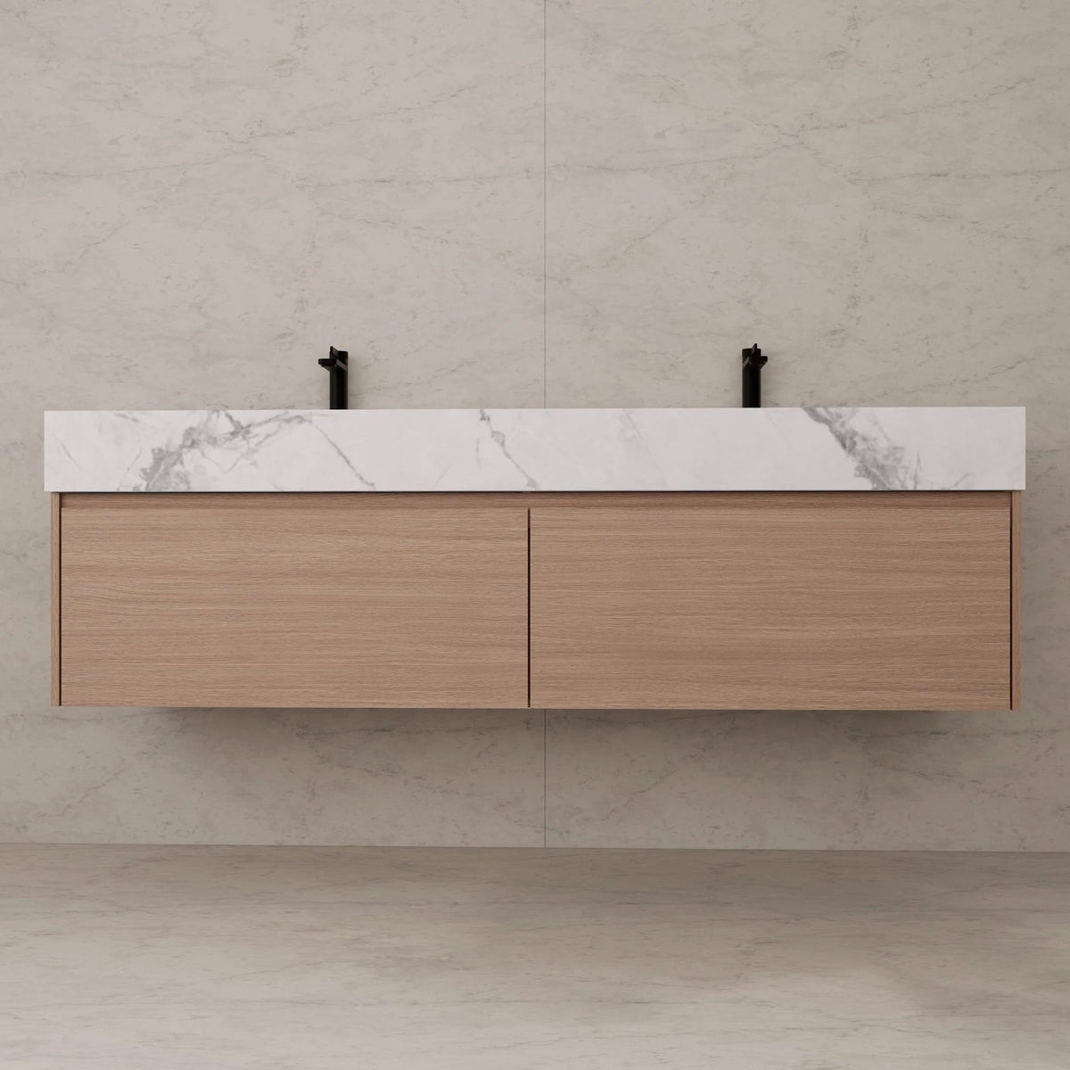 60"/ 71" Nature Oak Double Sink Stone Top with Single Floating Bathroom Vanity -VanityNature Oak