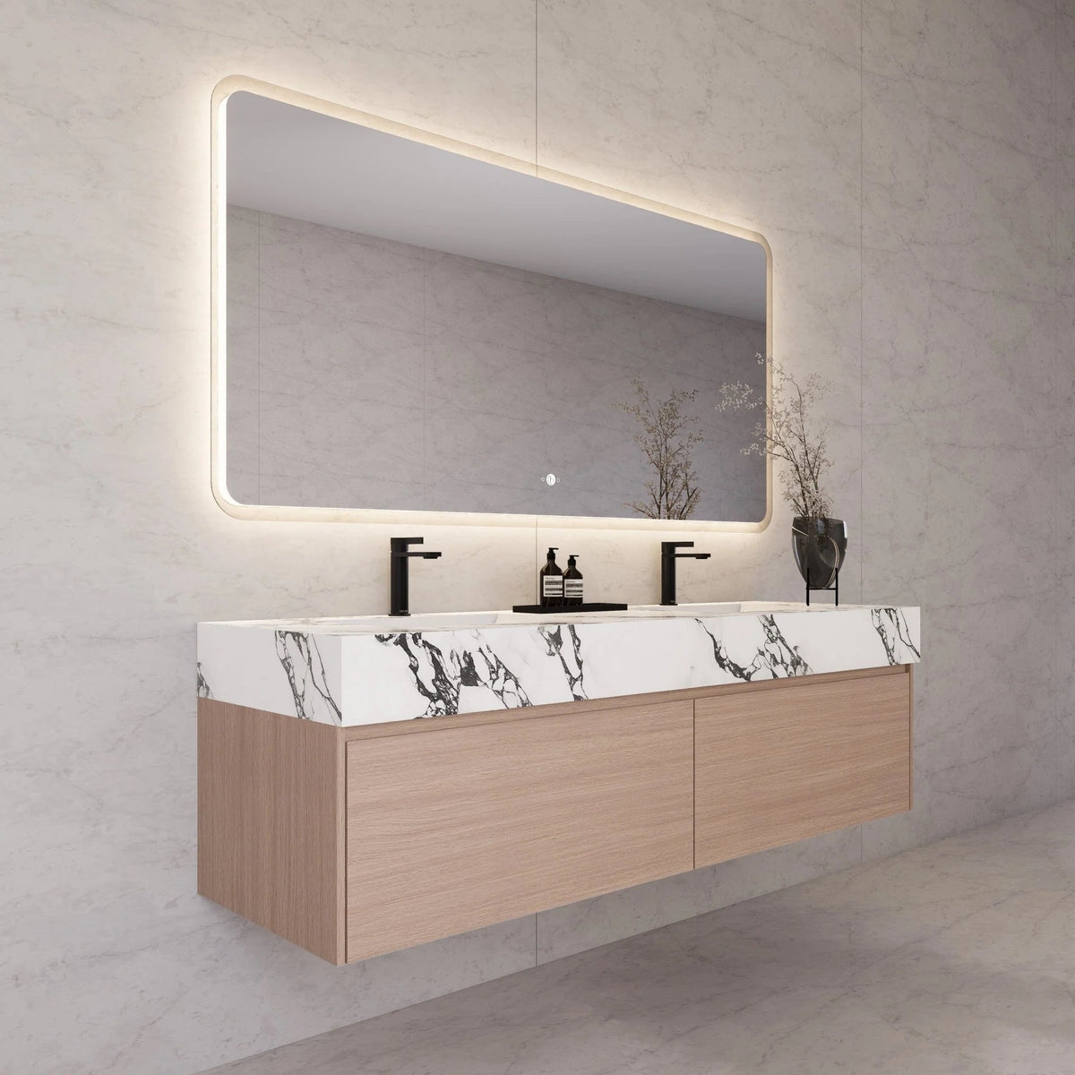 60"/ 71" Nature Oak Double Sink Stone Top with Single Floating Bathroom Vanity -VanityNature Oak