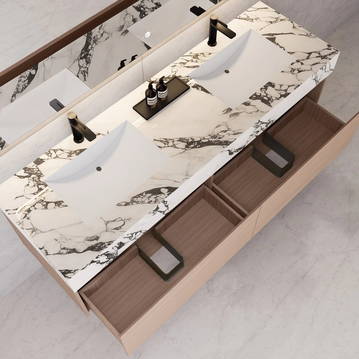 60"/ 71" Nature Oak Double Sink Stone Top with Single Floating Bathroom Vanity -VanityNature Oak