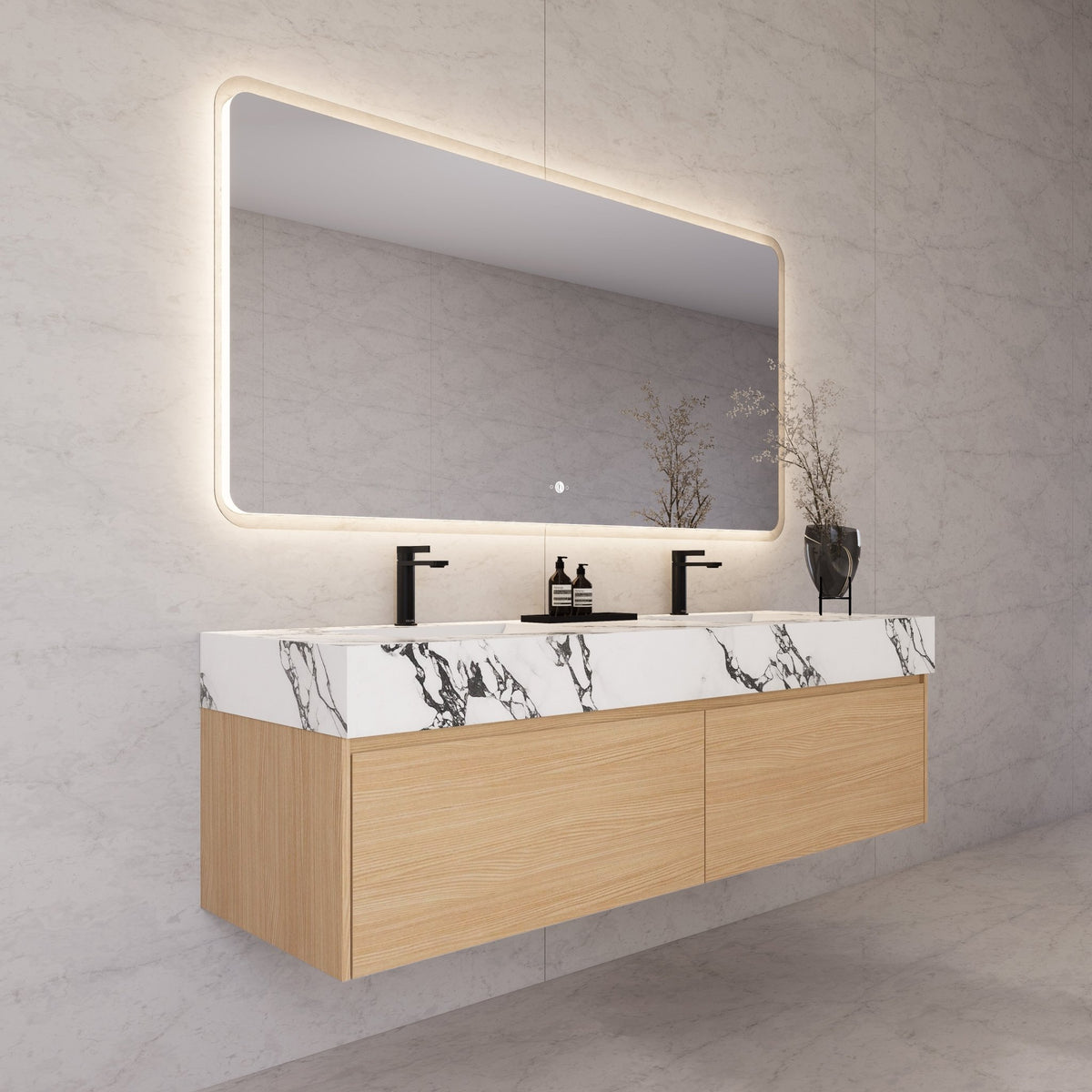 60"/ 71" Nature Oak Double Sink Stone Top with Single Floating Bathroom Vanity -VanityNature Oak