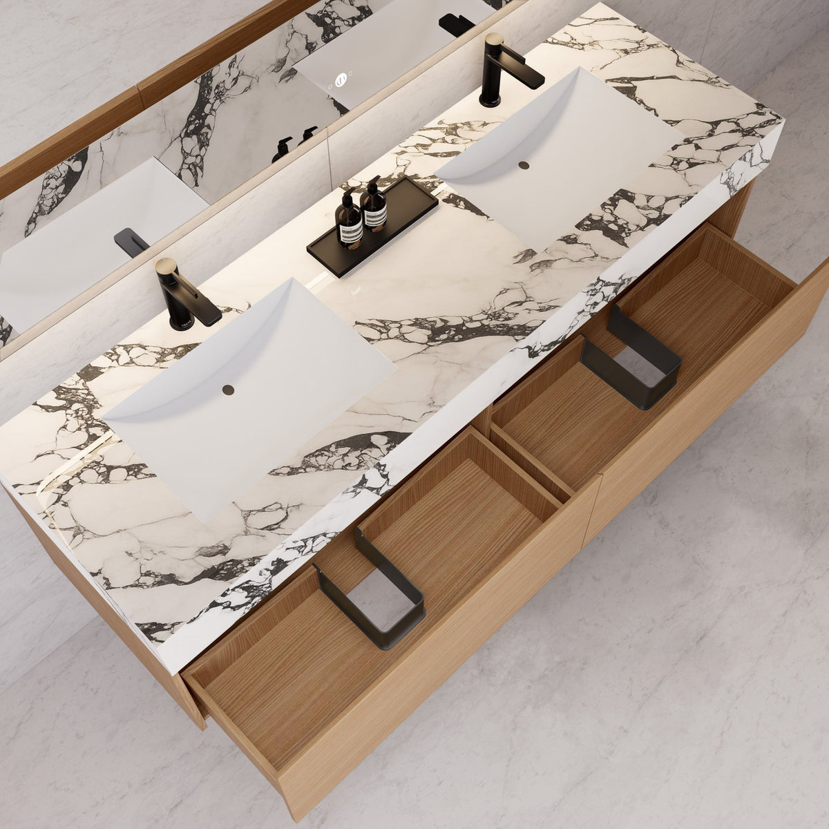 60"/ 71" Nature Oak Double Sink Stone Top with Single Floating Bathroom Vanity -VanityNature Oak
