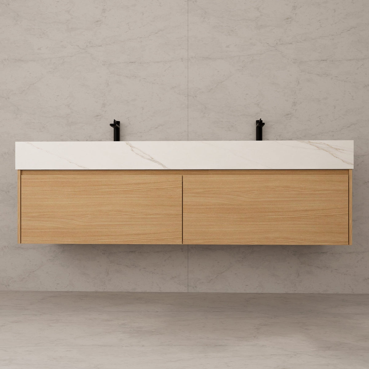 60"/ 71" Nature Oak Double Sink Stone Top with Single Floating Bathroom Vanity -VanityNature Oak