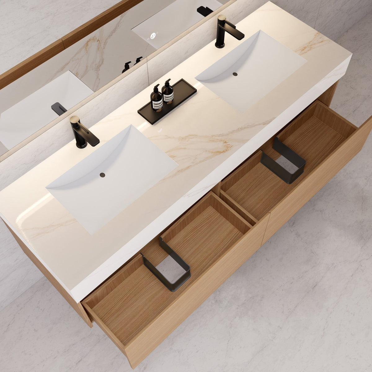 60"/ 71" Nature Oak Double Sink Stone Top with Single Floating Bathroom Vanity -VanityNature Oak