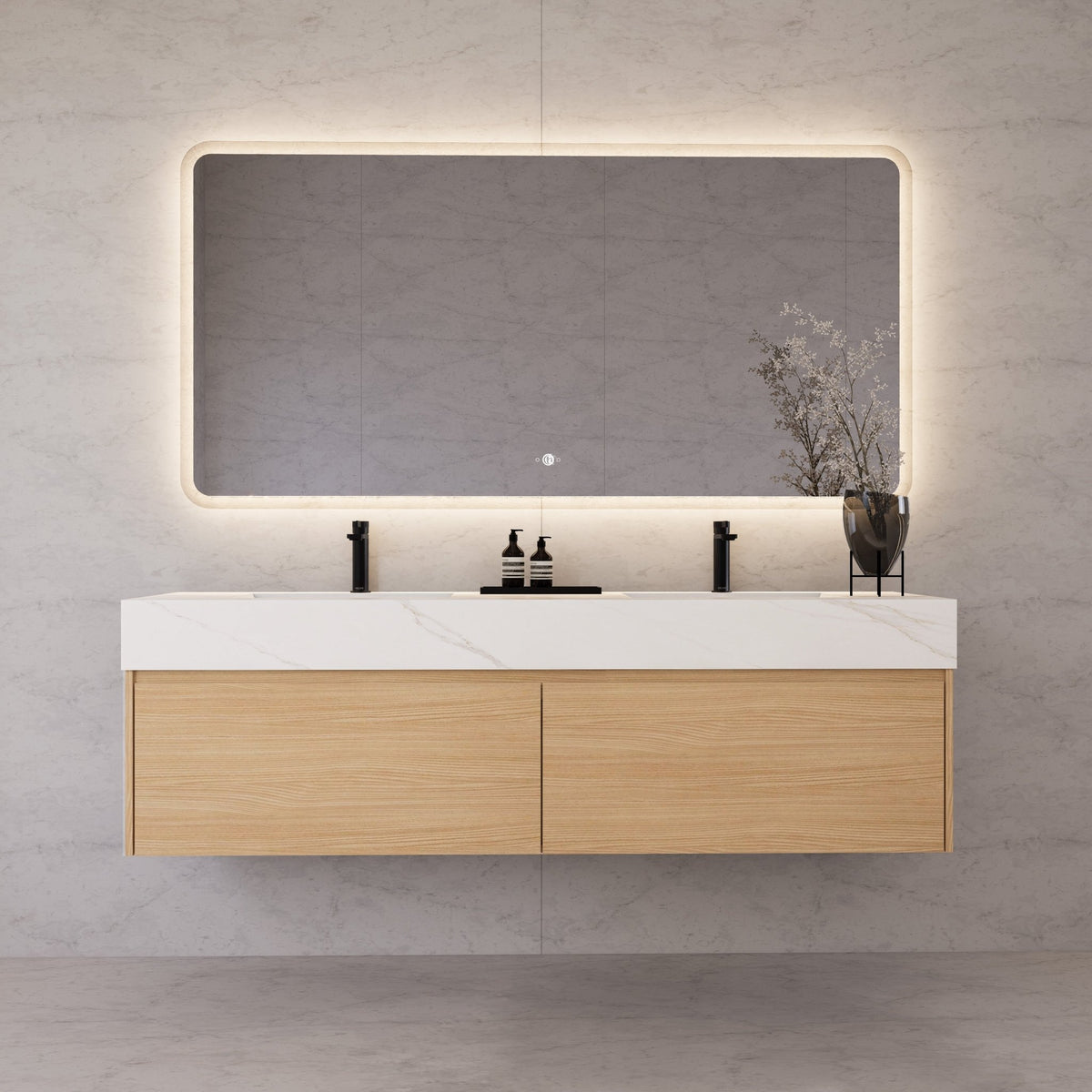 60"/ 71" Nature Oak Double Sink Stone Top with Single Floating Bathroom Vanity -VanityNature Oak