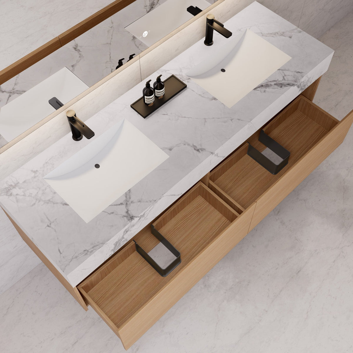 60"/ 71" Nature Oak Double Sink Stone Top with Single Floating Bathroom Vanity -VanityNature Oak