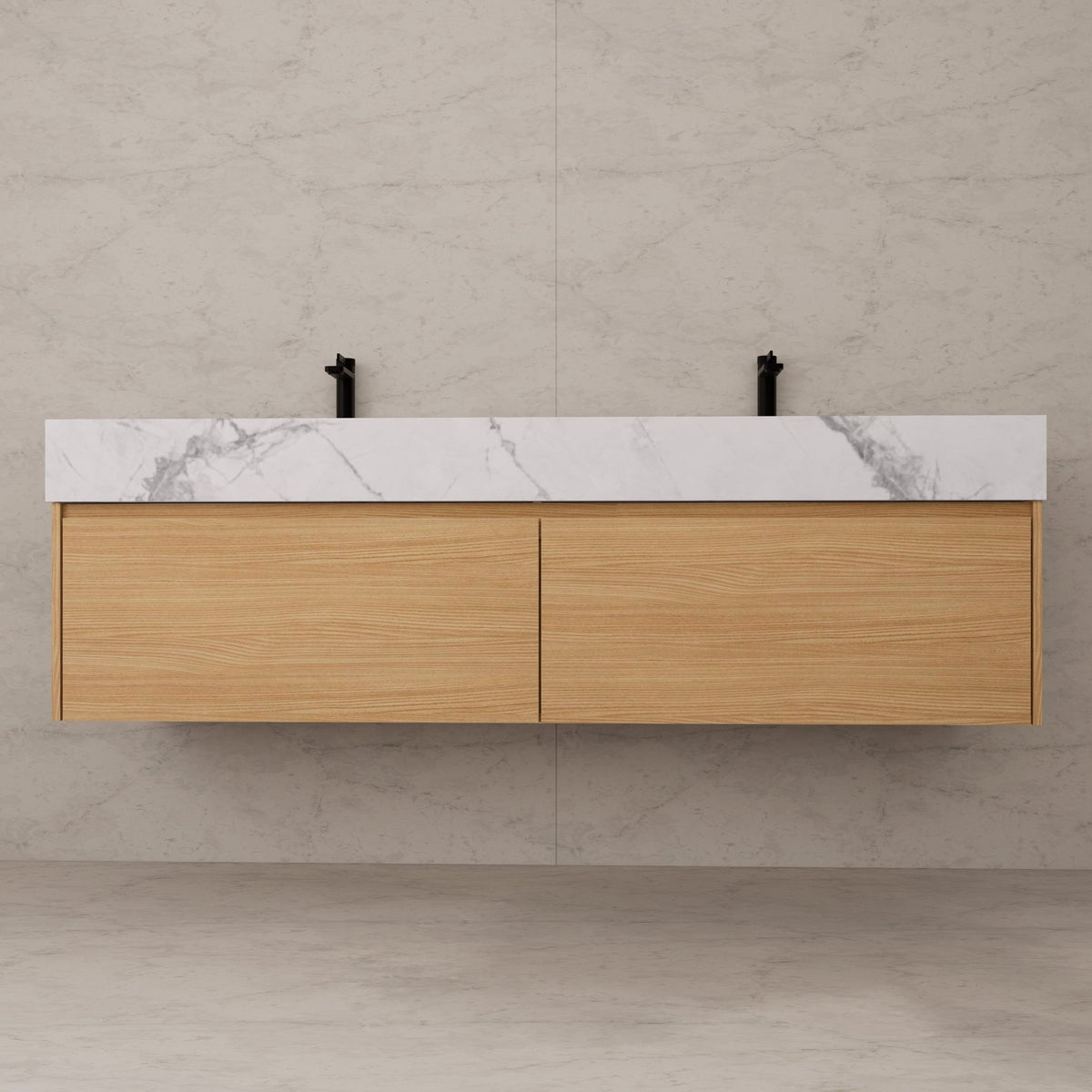 60"/ 71" Nature Oak Double Sink Stone Top with Single Floating Bathroom Vanity -VanityNature Oak