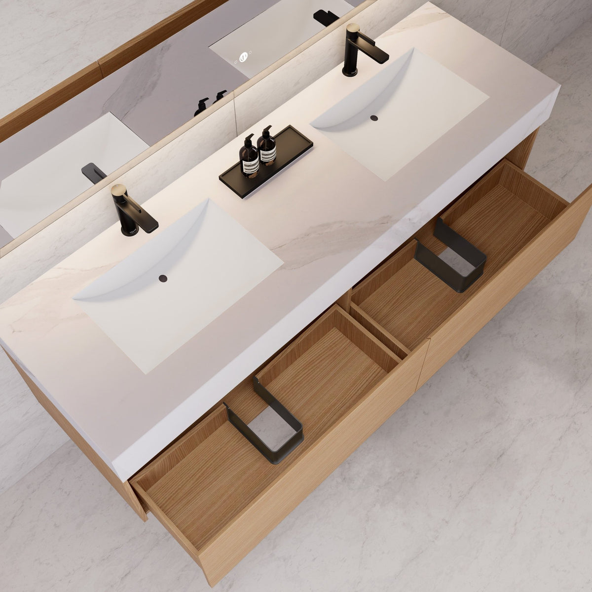 60"/ 71" Nature Oak Double Sink Stone Top with Single Floating Bathroom Vanity -VanityNature Oak