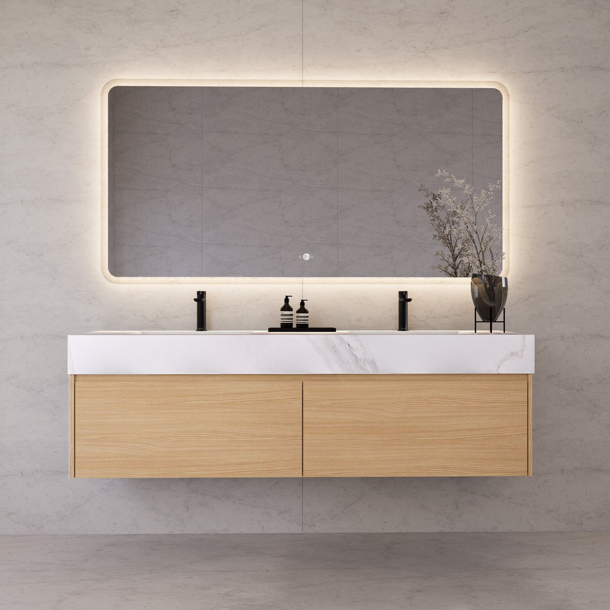 60"/ 71" Nature Oak Double Sink Stone Top with Single Floating Bathroom Vanity -VanityNature Oak
