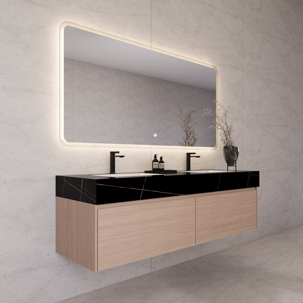 60"/ 71" Smoked Oak Double Sink Stone Top with Floating Bathroom Vanity -VanitySmoked Oak